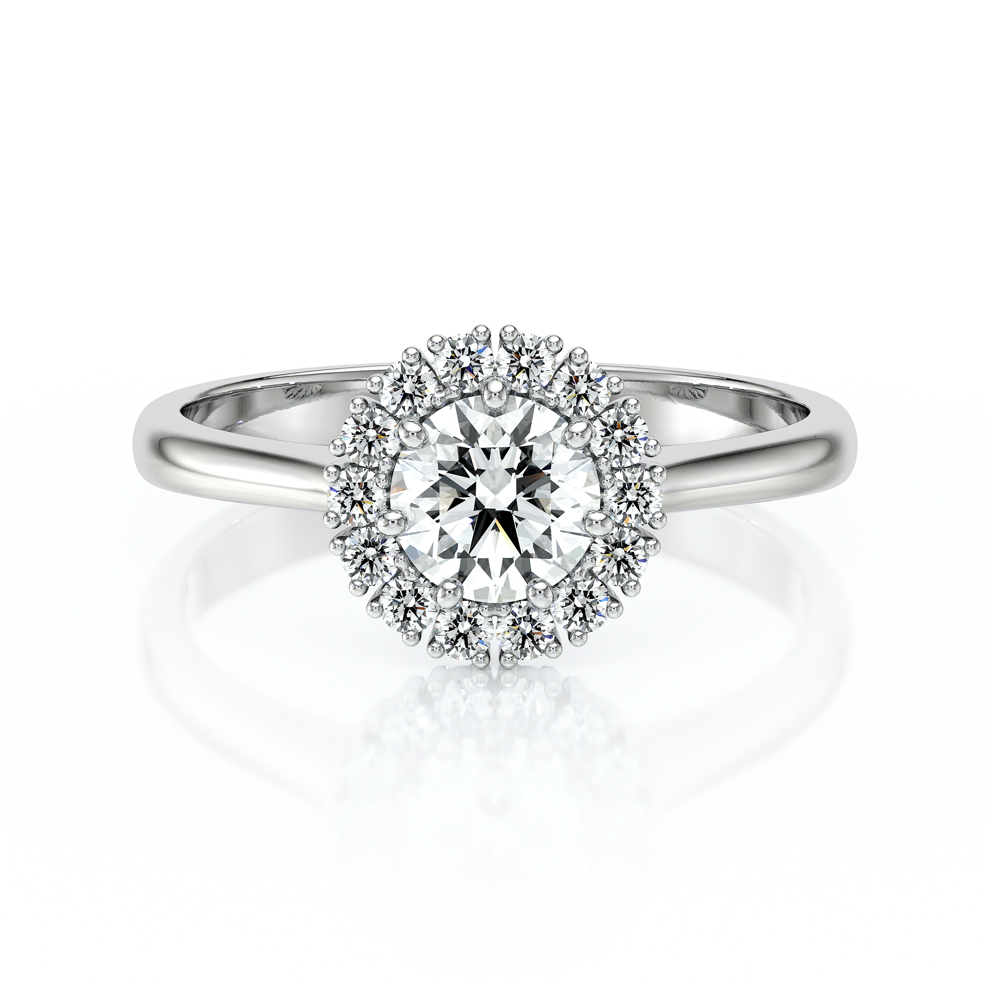 Bague en diamant ronde sertie de pierres précieuses, modèle élégant avec un design en halo, en or blanc brillant, symbole d'amour et de promesse, idéale pour des fiançailles ou anniversaires, mettant en valeur le scintillement des diamants.