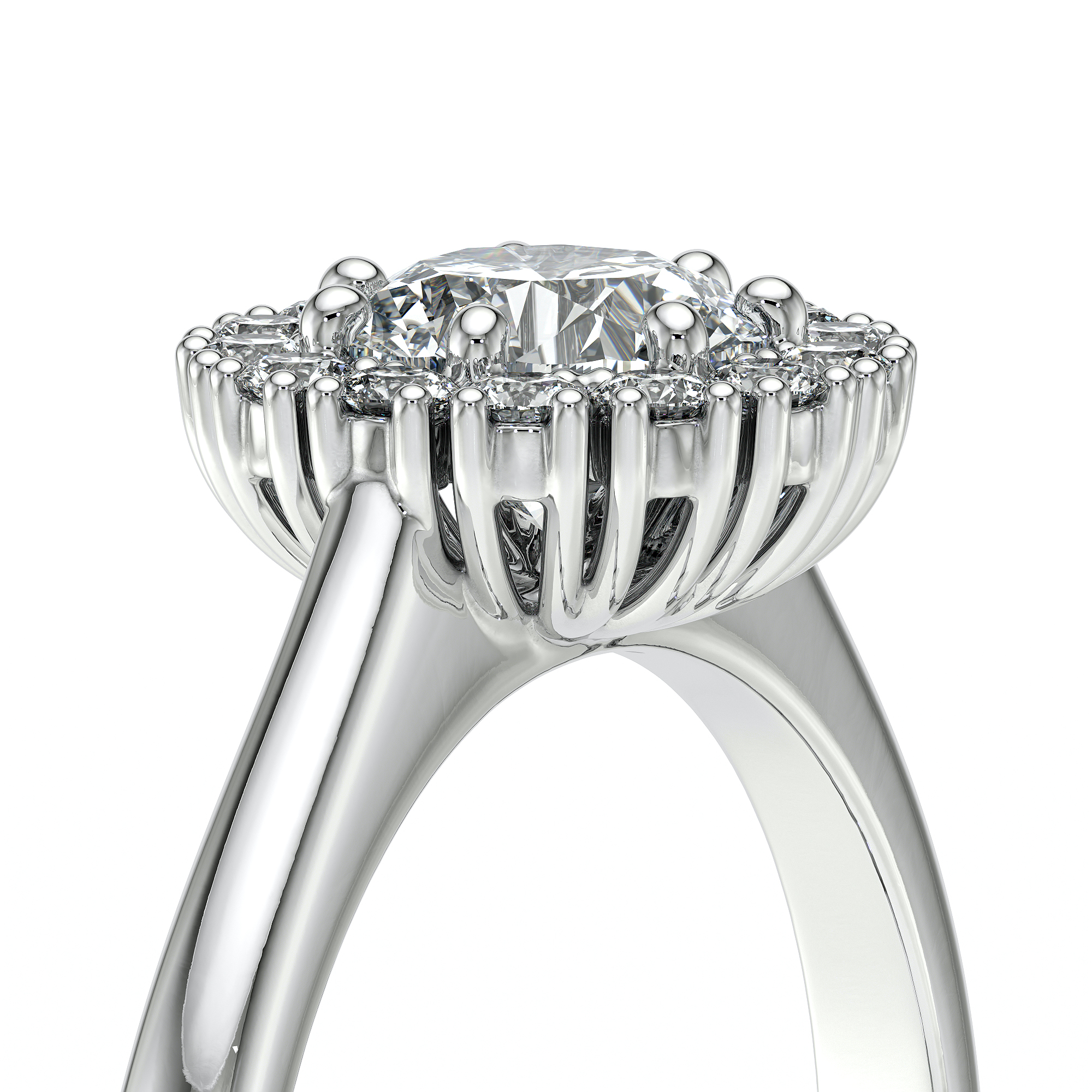 Bague de fiançailles en or blanc ornée d'un diamant central rond, entouré de petites pierres précieuses dans un design élégant et moderne, idéale pour les demandes en mariage ou les occasions spéciales, mettant en valeur la brillance du diamant et la finition polie de l'or, modèle + diamant.