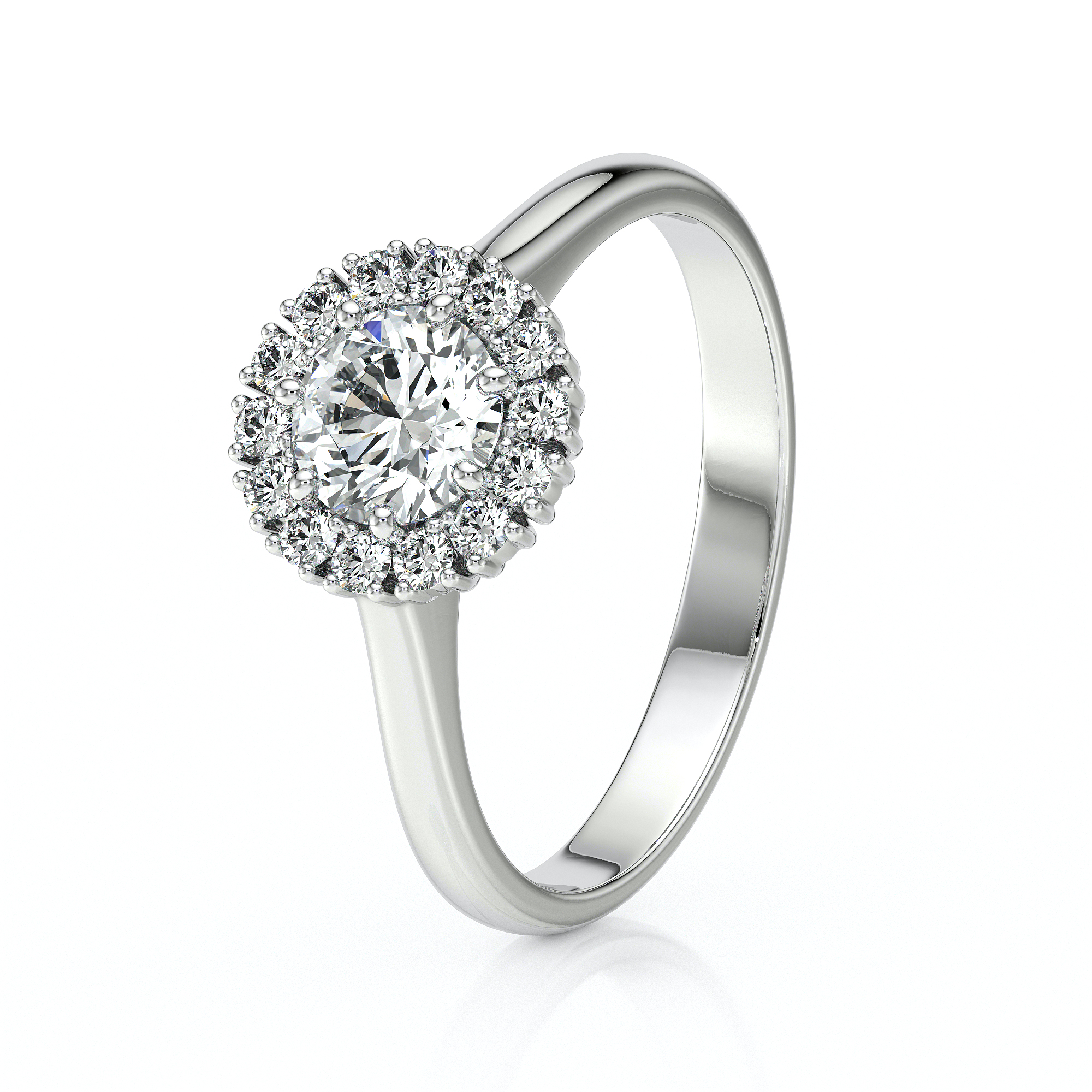 Bague en or blanc avec un diamant central entouré de petites pierres précieuses, représentant un bijou élégant et sophistiqué, idéal pour une demande en mariage ou une occasion spéciale. Modèle avec diamant.