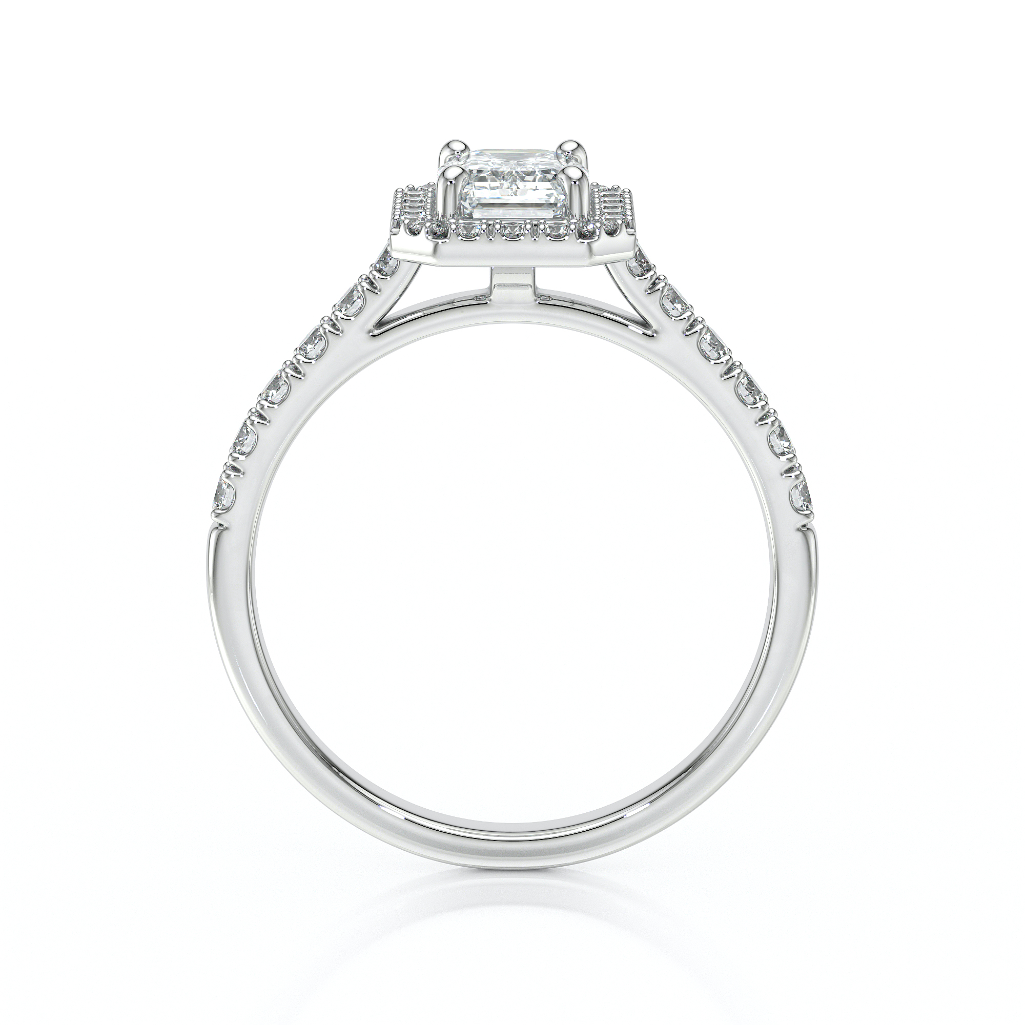 Bague en or blanc ornée d'un diamant rectangulaire central et de petites pierres précieuses sur les côtés, modèle élégant et raffiné, parfait comme bague de fiançailles ou pour un bijou de luxe, mettant en valeur la brillance des diamants.
