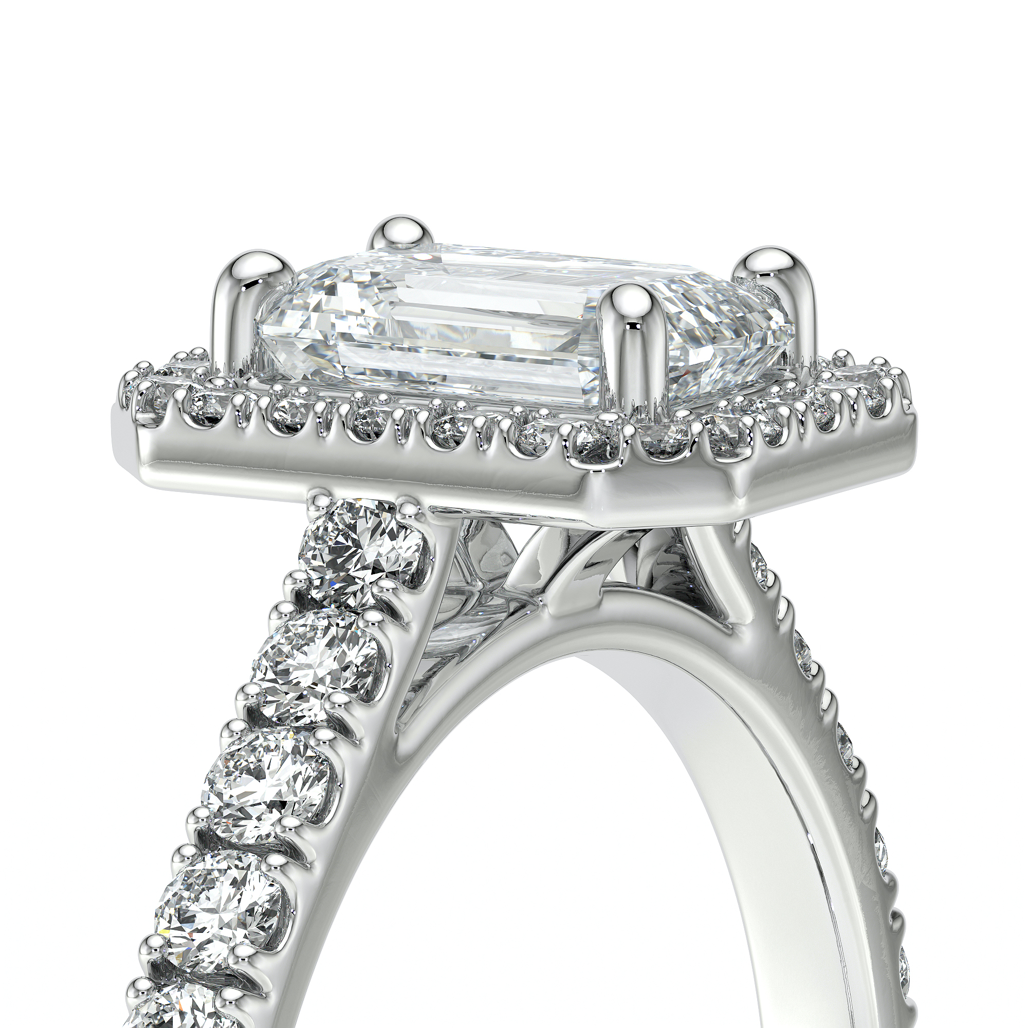 Bague en or blanc avec un diamant central taille émeraude et une monture ornée de diamants brillants. Design élégant et raffiné illustrant la beauté et le luxe, idéale pour une proposition ou une occasion spéciale. Modèle + diamant.