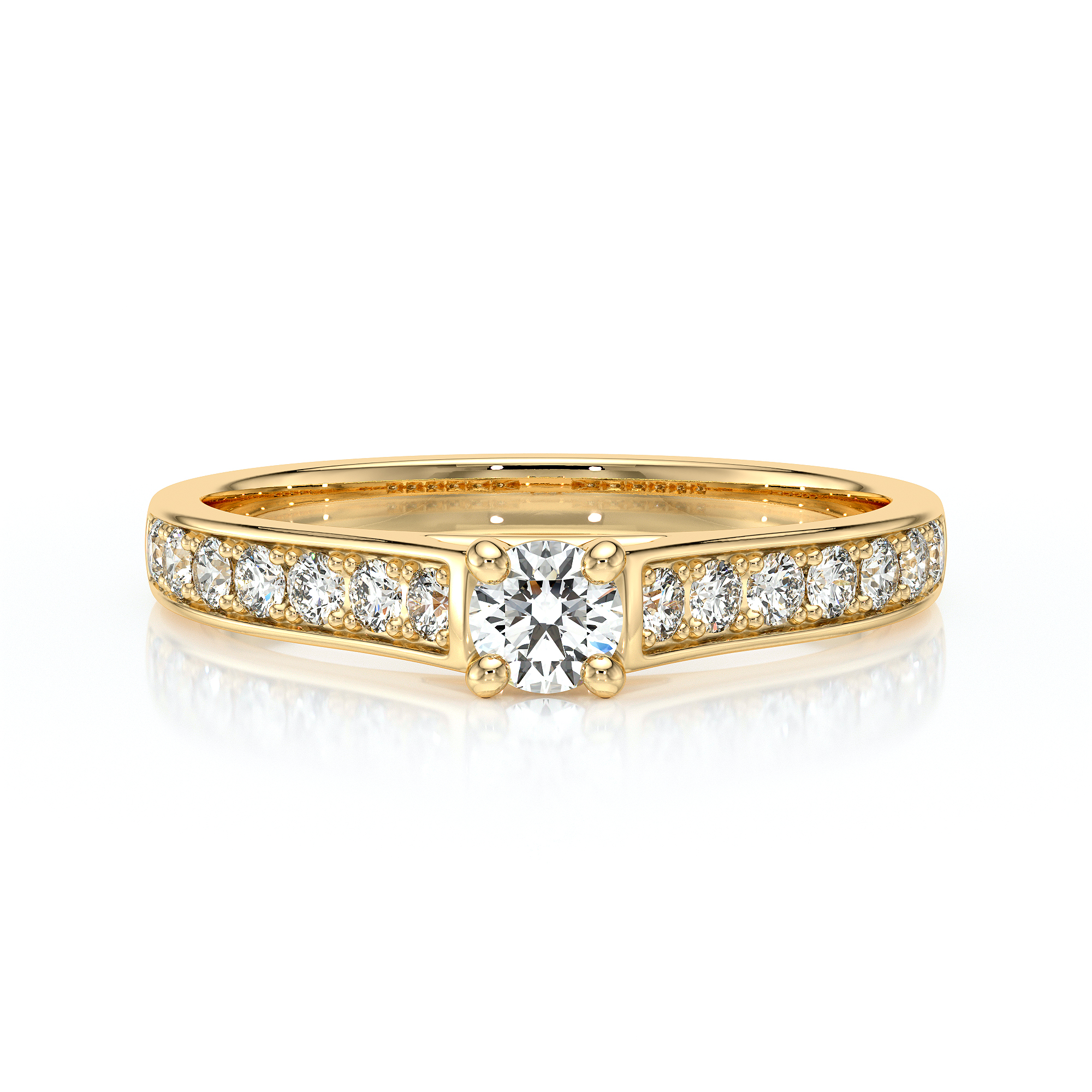 Bague en or jaune ornée d'un diamant central brillant avec plusieurs diamants accentués sur les côtés, parfaite pour une demande en mariage ou une occasion spéciale, avec un design élégant et moderne qui met en valeur le modèle + diamant.