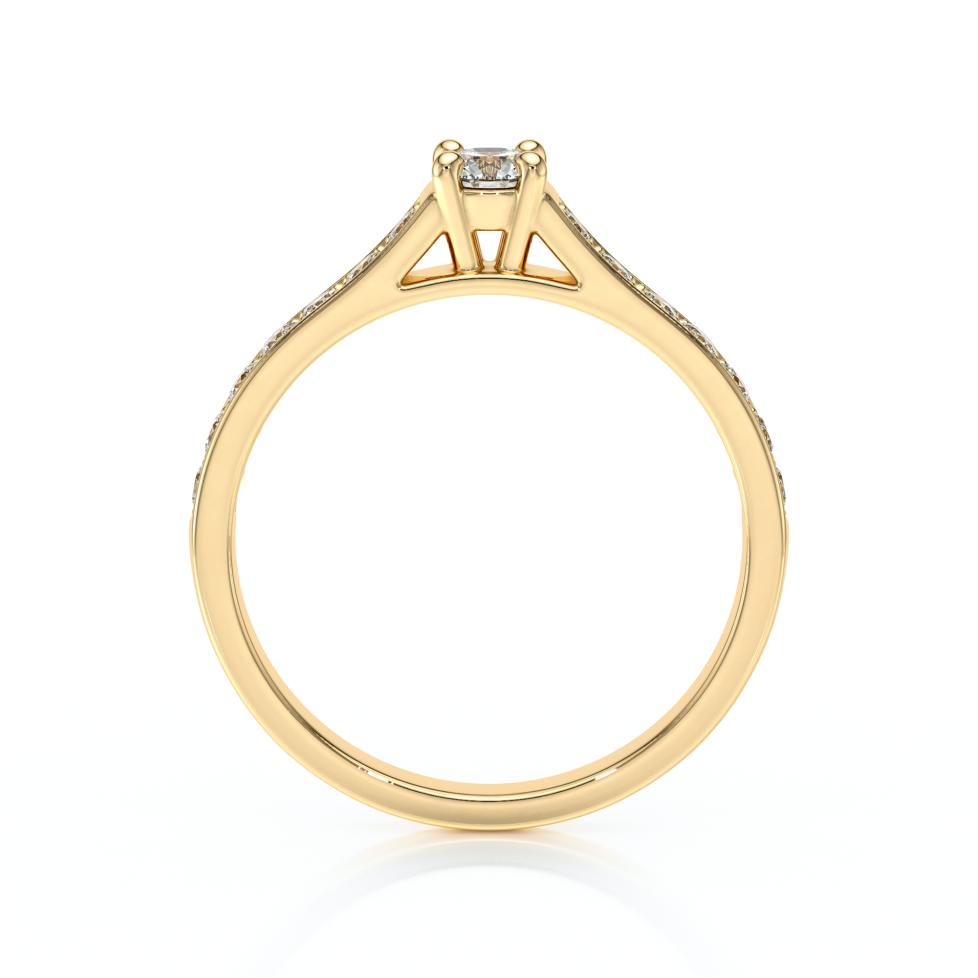 Bague en or jaune ornée d'un diamant central, présentant un design élégant avec des accents de petits diamants sur le band. Idéale pour fiançailles ou mariage, cette bague allie sophistication et éclat, mettant en valeur un style intemporel avec une touche moderne.