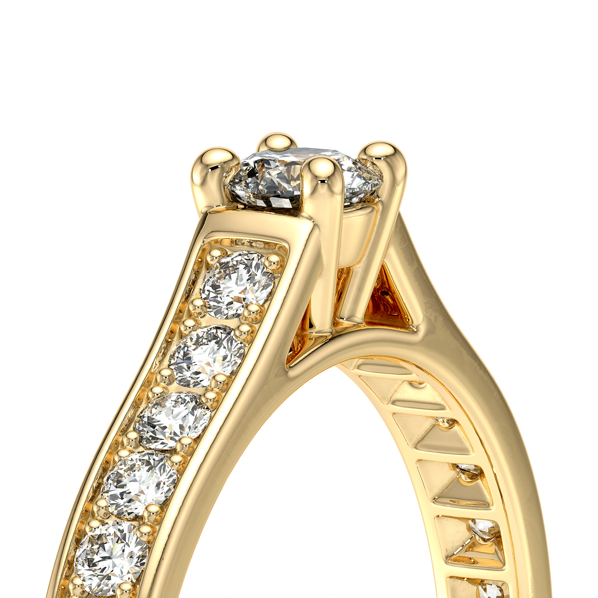 Bague en or jaune avec un design élégant, ornée d'un diamant central et de plusieurs petits diamants scintillants sur le côté, idéale pour une proposition de mariage ou comme bijou de luxe, modèle classique et chic.
