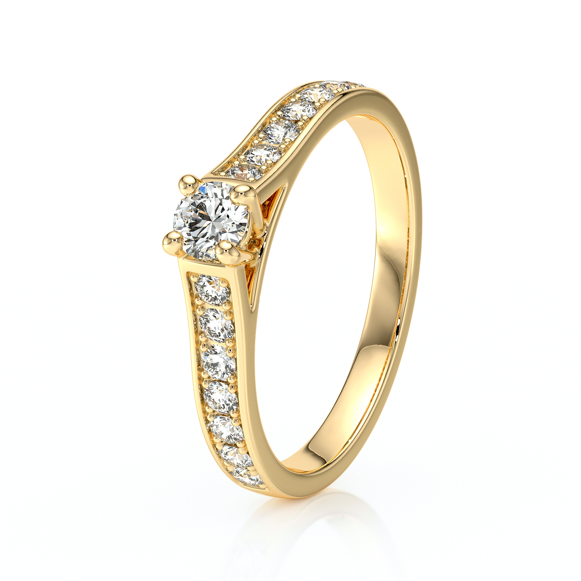 Bague en or jaune avec un diamant central entouré de petites pierres brillantes sur l'anneau. Idéal pour une proposition de fiançailles, ce bijou allie élégance et sophistication, mettant en valeur le diamant principal pour un éclat remarquable. Parfait comme cadeau pour une occasion spéciale.