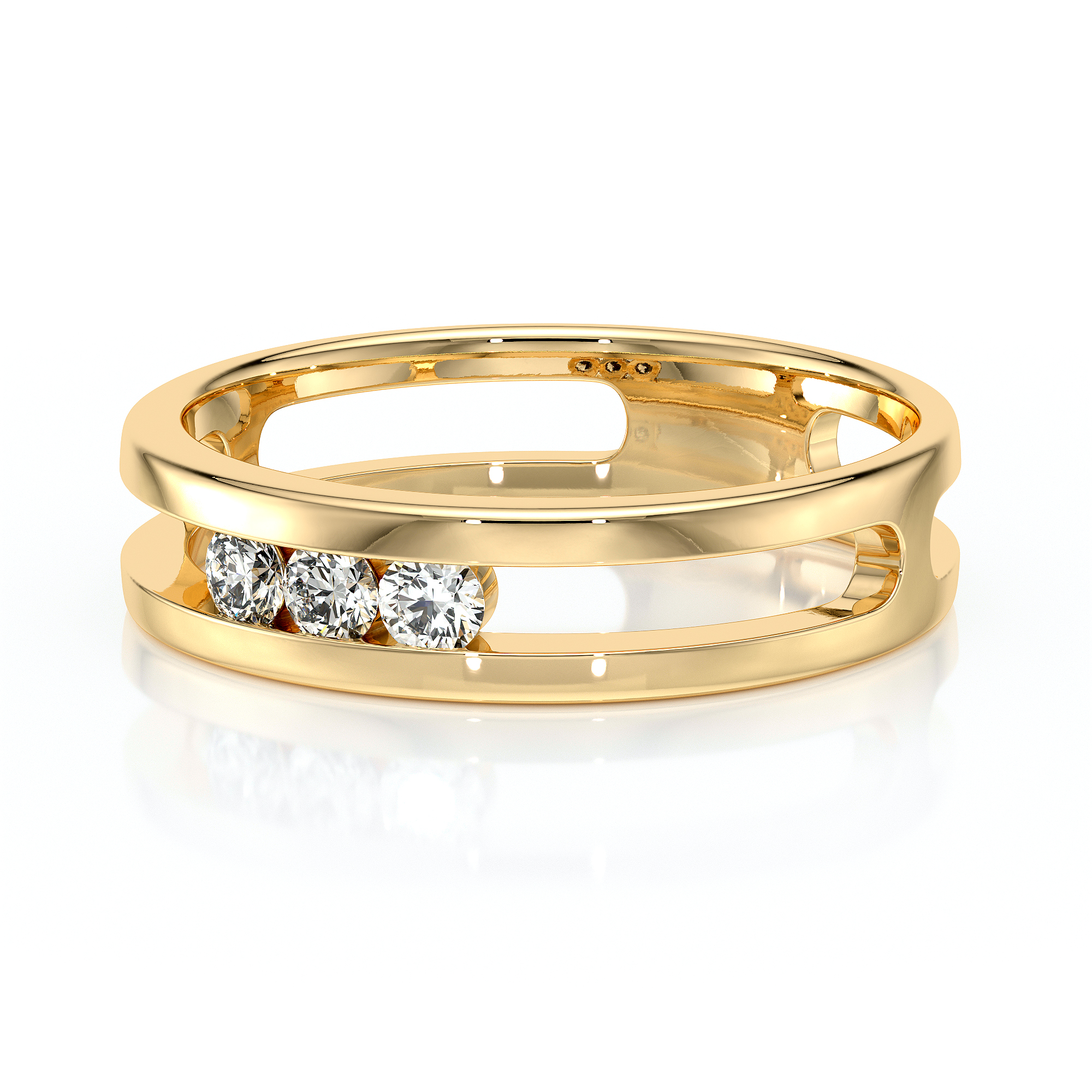 Bague en or jaune moderne avec des diamants, présentant un design élégant avec trois diamants brillants incrustés, idéale pour des occasions spéciales ou comme bague de fiançailles. Modèle raffiné et luxueux, symbole d'amour et d'engagement.