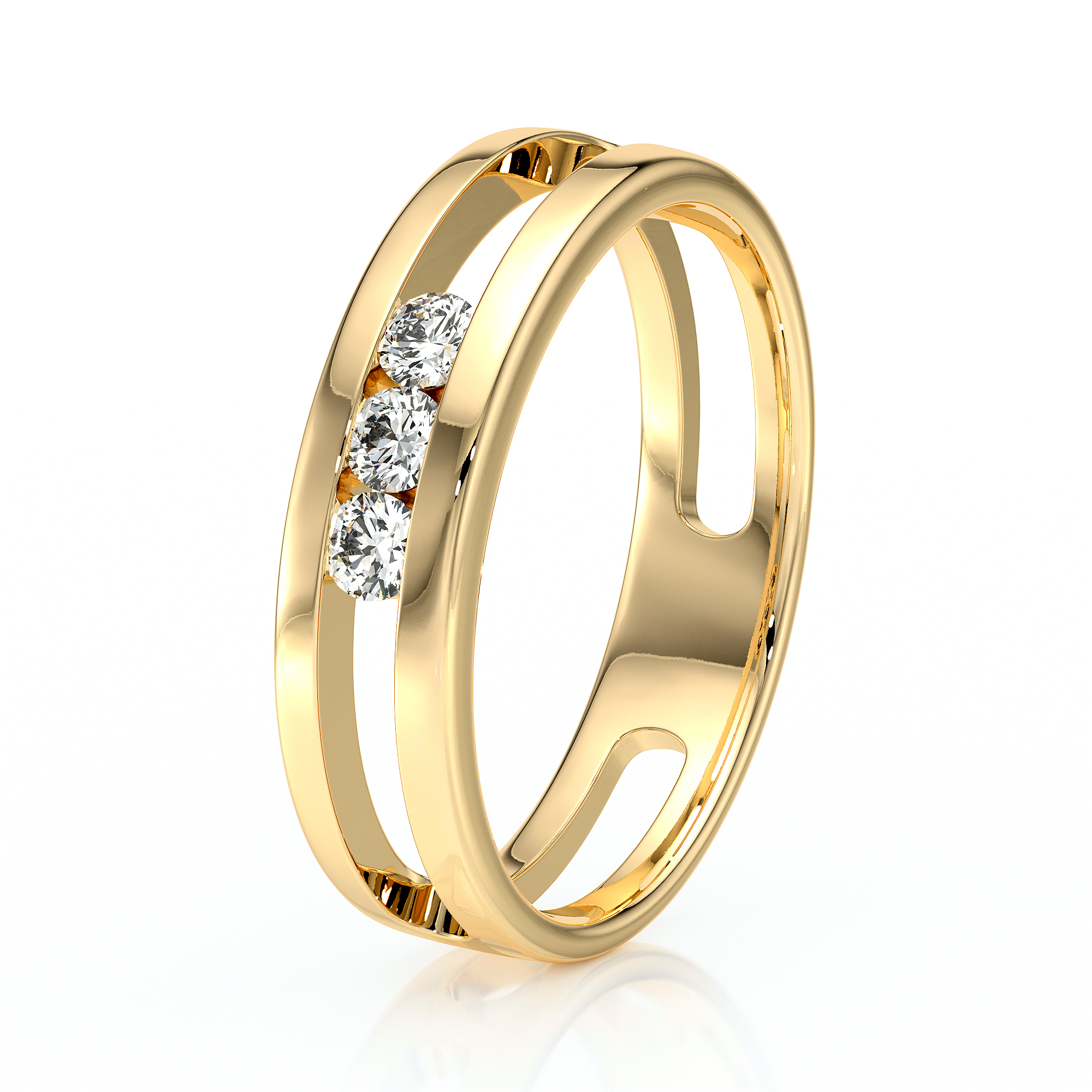 Bague en or jaune moderne avec trois diamants brillants au centre, design élégant avec des lignes épurées et des ouvertures sur les côtés, parfaite pour un mariage ou une occasion spéciale, ajoutant une touche de sophistication et d'éclat à n'importe quelle tenue.