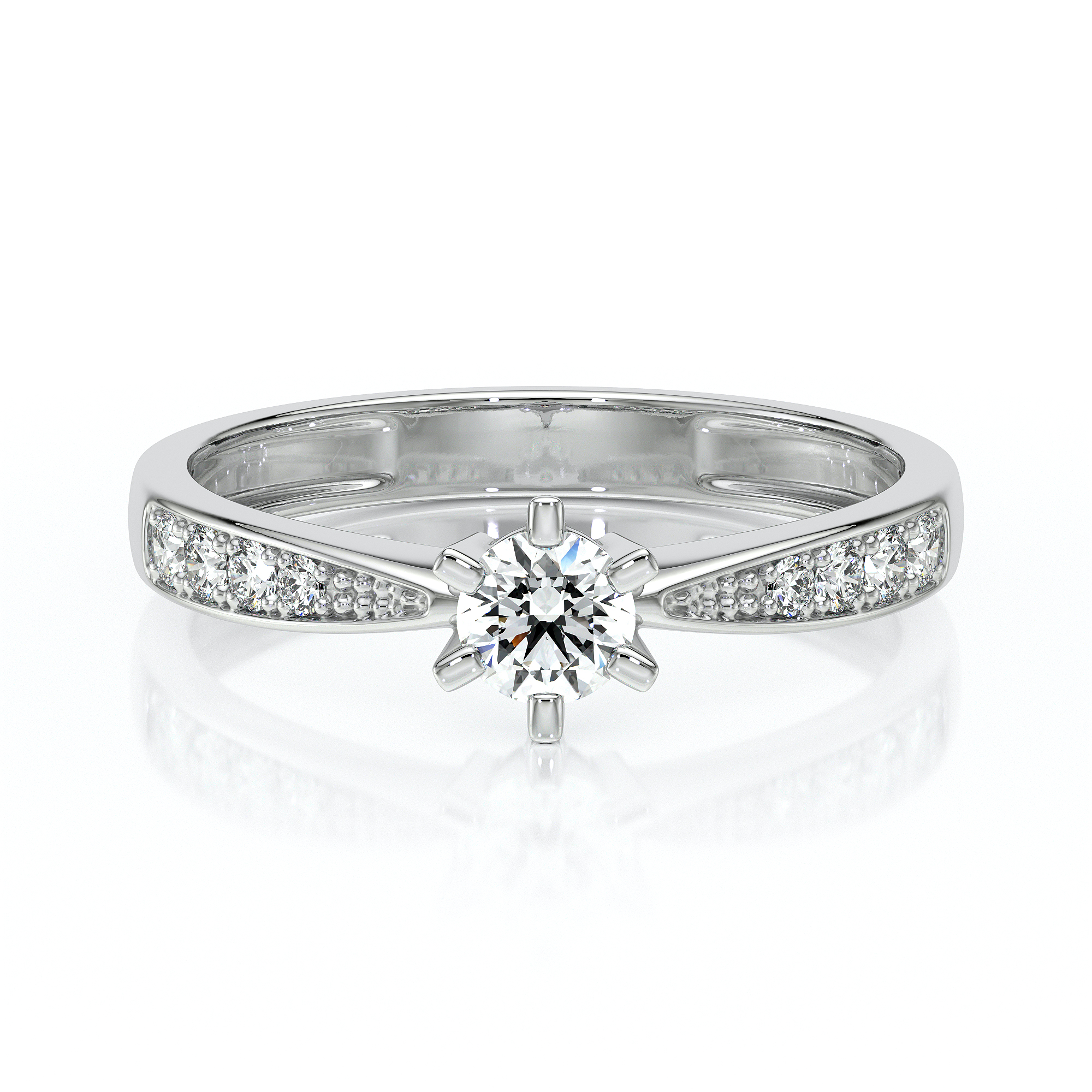 Bague en or blanc ornée d'un diamant central brillant, entourée de petites pierres scintillantes sur les côtés. Cette belle bague, parfaite pour une demande en mariage, combine élégance et modernité et met en valeur le diamant au centre. Modèle + diamant.