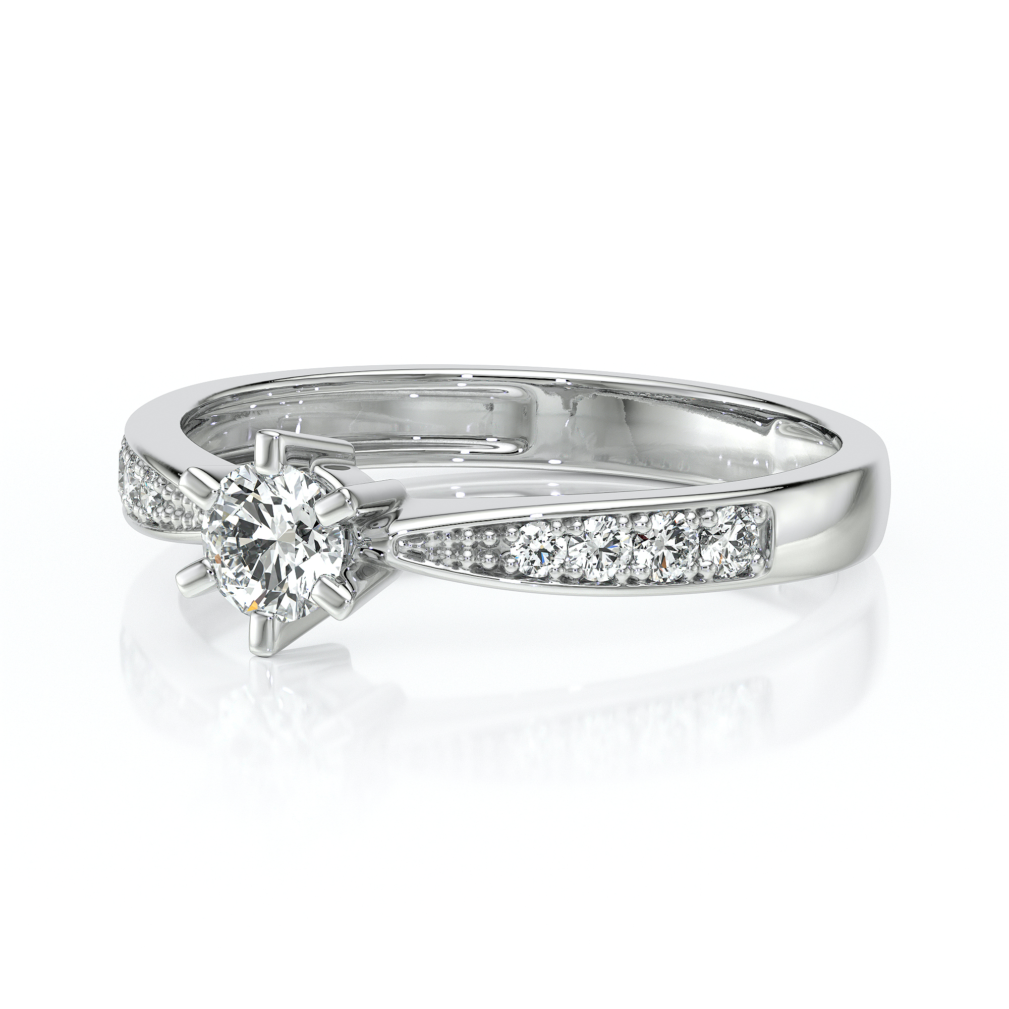 Bague en or blanc avec un diamant central brillant entouré de petits diamants, design élégant et moderne, idéale pour une proposition de mariage ou un cadeau spécial, incarne l'amour et l'engagement avec un style raffiné.