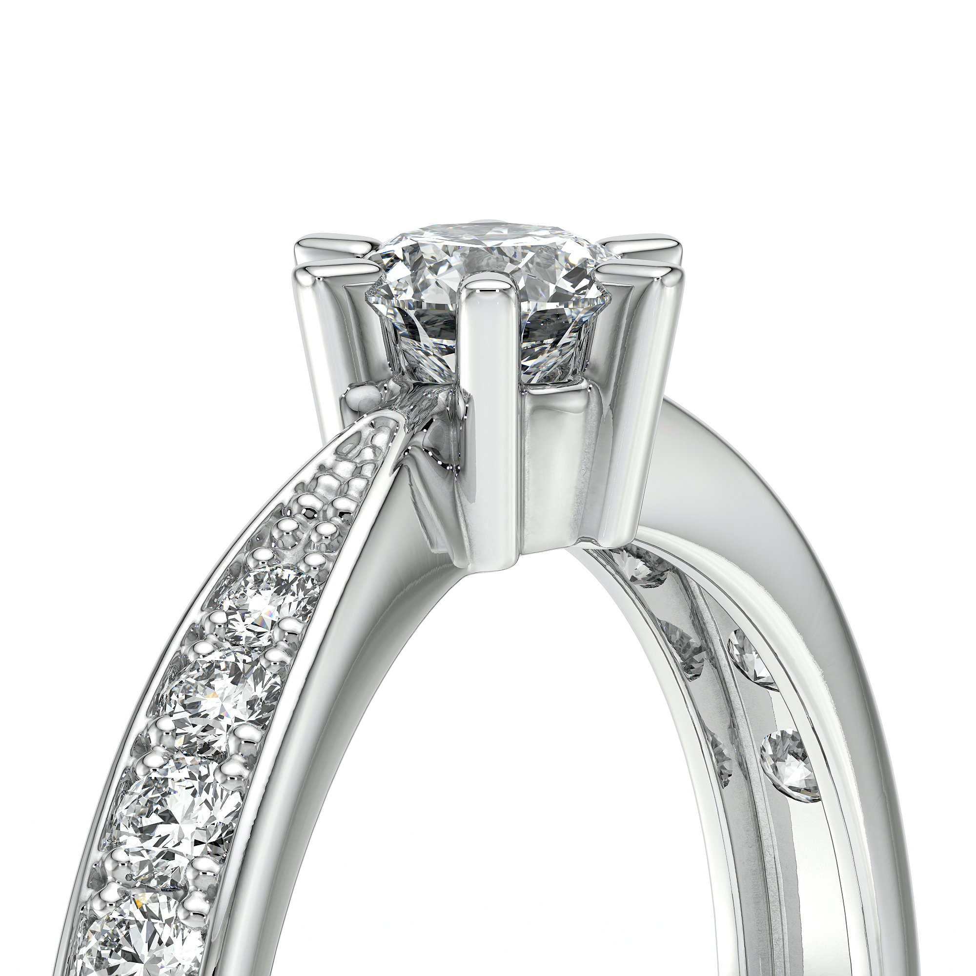 Bague de fiançailles en or blanc avec un diamant central scintillant, entouré de petites pierres précieuses sur le côté. Design élégant et moderne, mettant en valeur la brillance du diamant principal. Modèle sophistiqué + diamant, parfait pour célébrer des occasions spéciales et symboliser l'amour éternel.