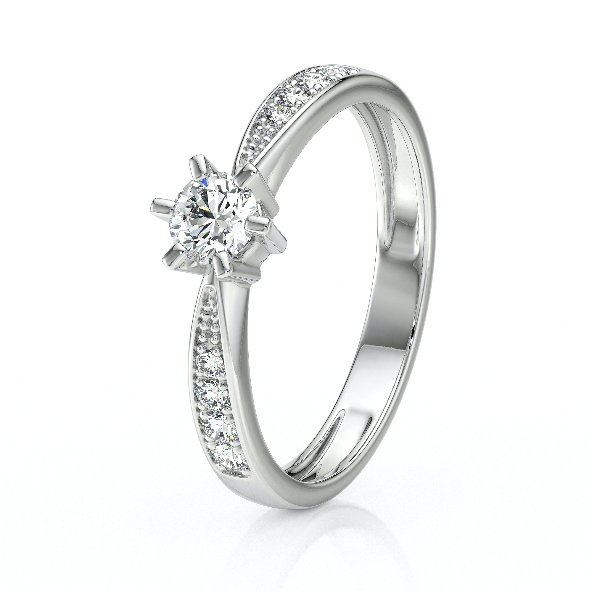 Bague en diamant élégante présentant un serti central avec un diamant brillant, entourée de petits diamants sur les côtés, en acier au platine, parfaite pour des fiançailles ou comme bijou de luxe, symbole d'amour éternel et d'engagement.