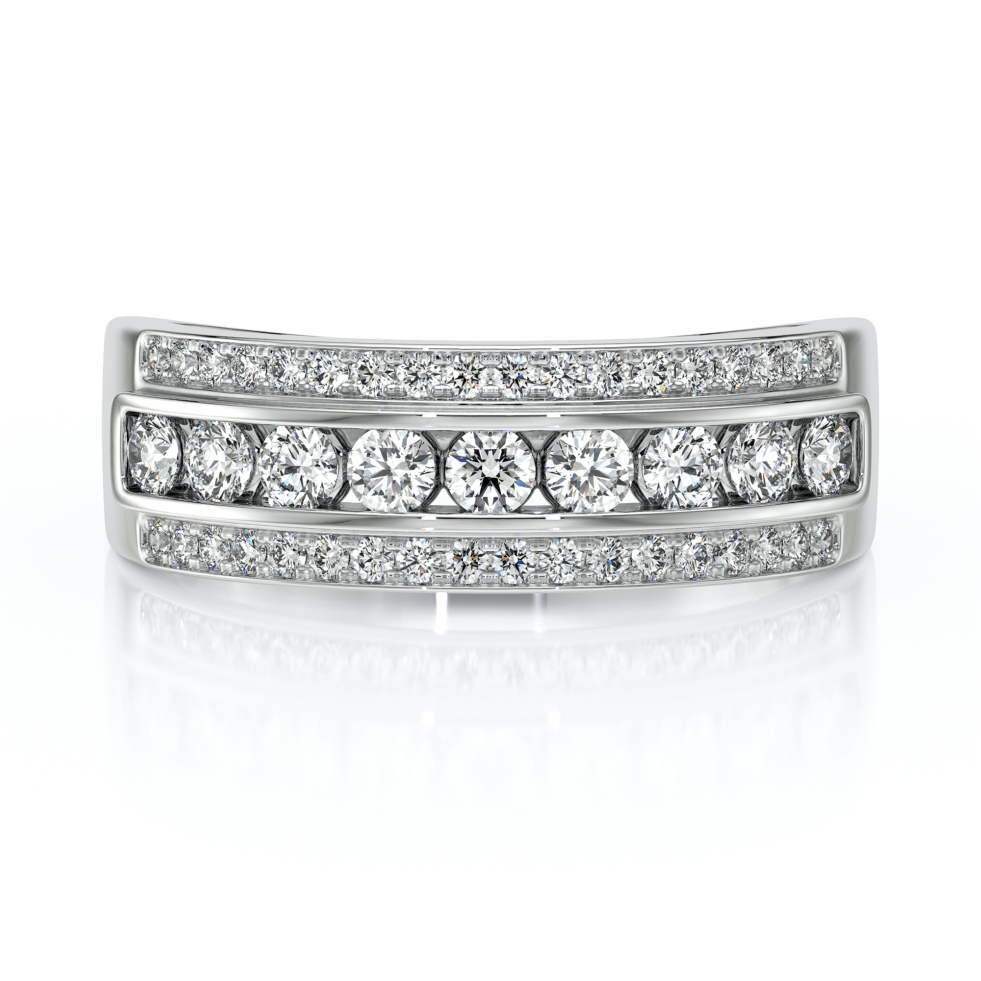 Bague en or blanc avec des diamants brillants, présentant un design élégant et moderne. La collection met en avant des diamants ronds parfaitement taillés, alignés en deux rangées, créant un effet scintillant. Idéale pour des occasions spéciales, cette bague emblématique est parfaite pour des fiançailles ou comme bijou de luxe. Modèle + Diamant.