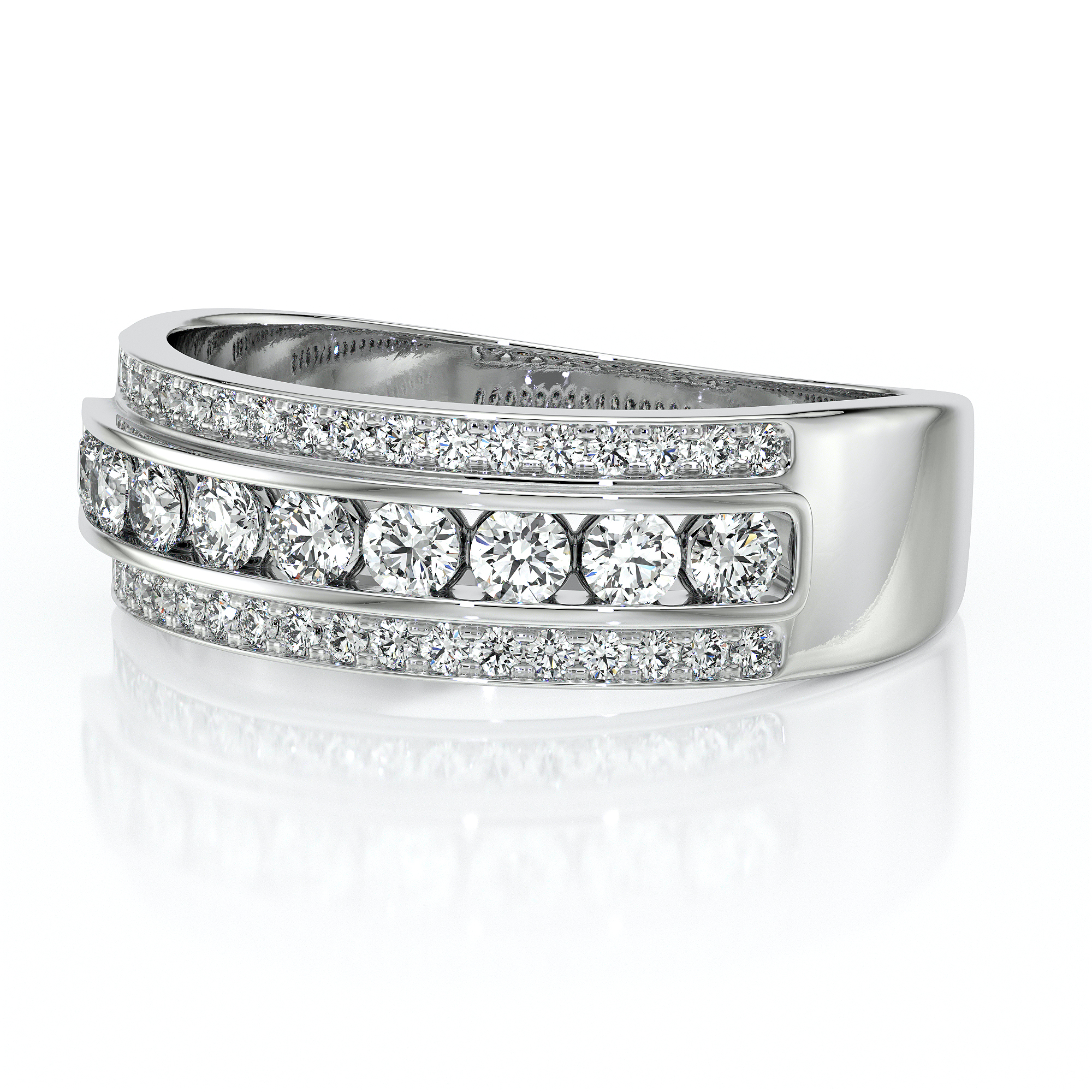 Bague en argent avec des diamants, présentant un design contemporain à plusieurs niveaux avec deux rangées de diamants étincelants, idéale pour les fiançailles ou les occasions spéciales, ajoutant une touche d'élégance et de raffinement à toute tenue.