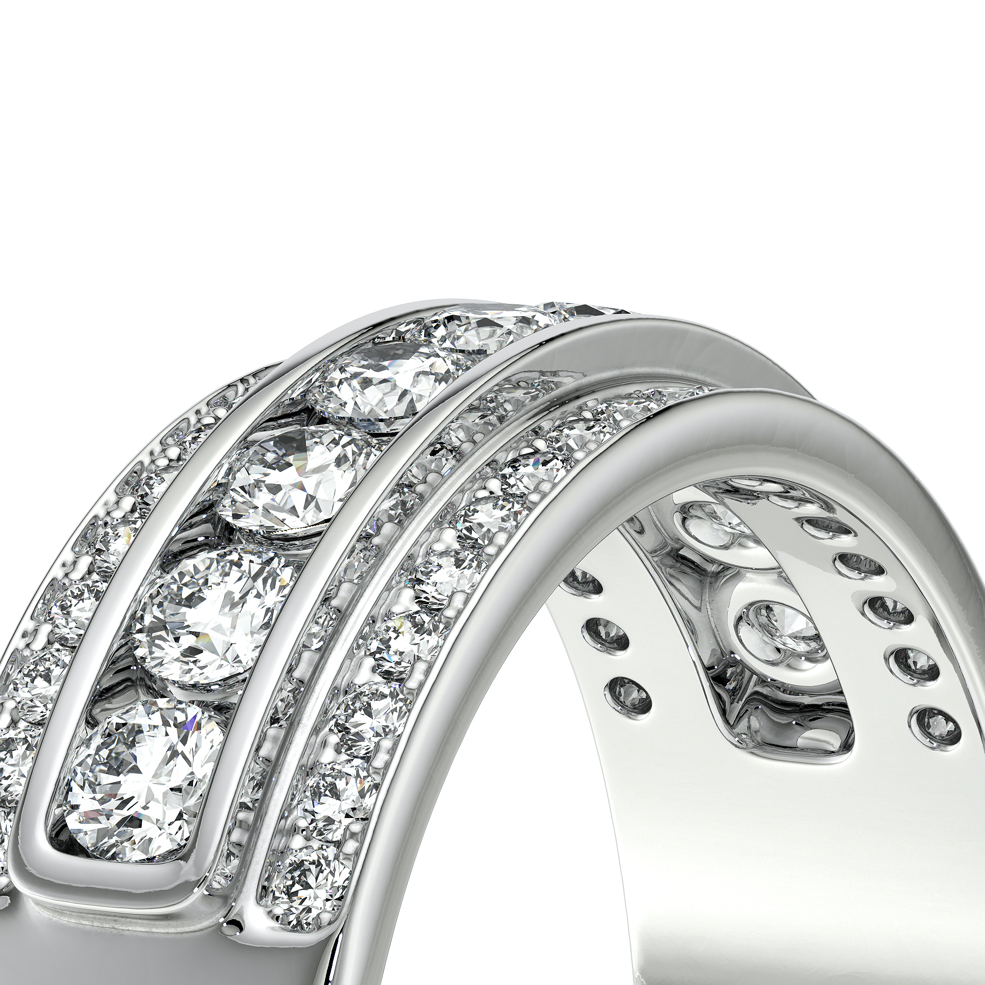 Bague en or blanc avec trois bandes étincelantes, ornée de diamants brillants. Le design contemporain de cette bague met en valeur des pierres précieuses alignées, créant un effet de lumière spectaculaire, idéale comme bijou de fiançailles ou pour une occasion spéciale. Parfaite pour les amateurs de joaillerie moderne, elle apporte une touche d'élégance et de sophistication.