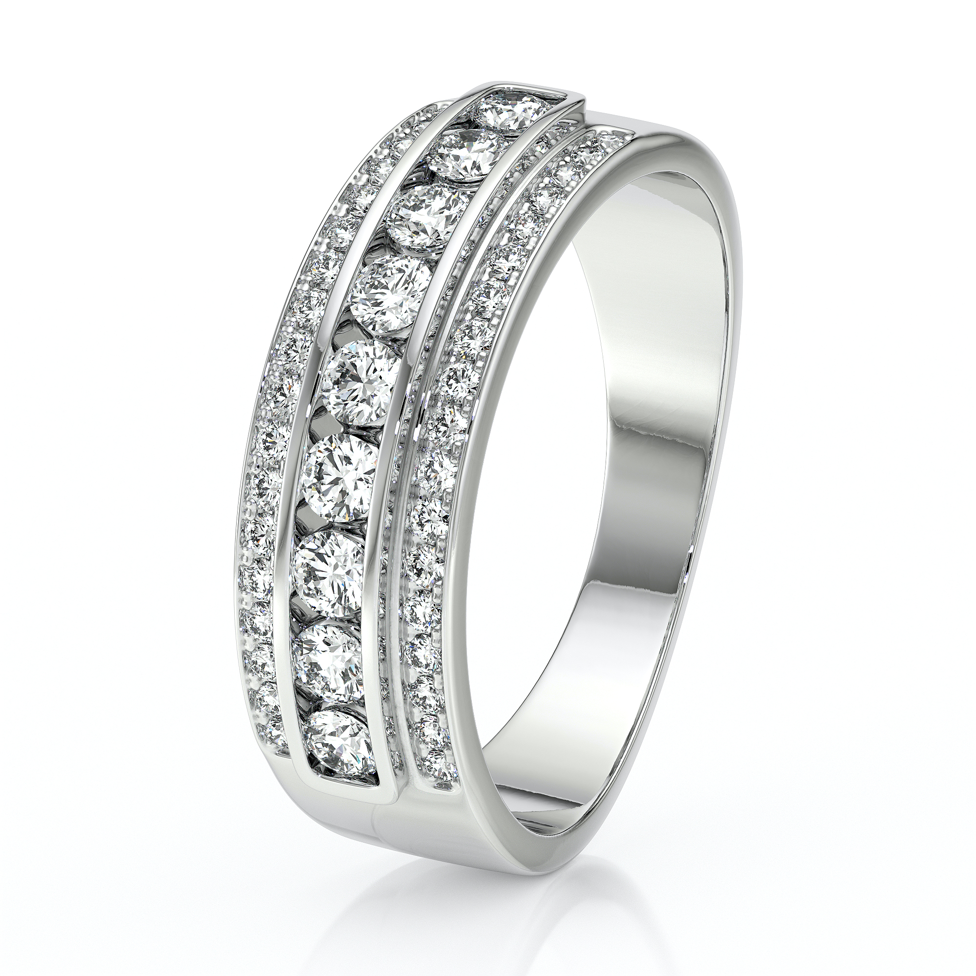 Bague élégante en or blanc ornée de diamants brillants, avec un design unique à double rangée de pierres, idéale pour les fiançailles ou comme bijou de luxe. Modèle classique + diamant.