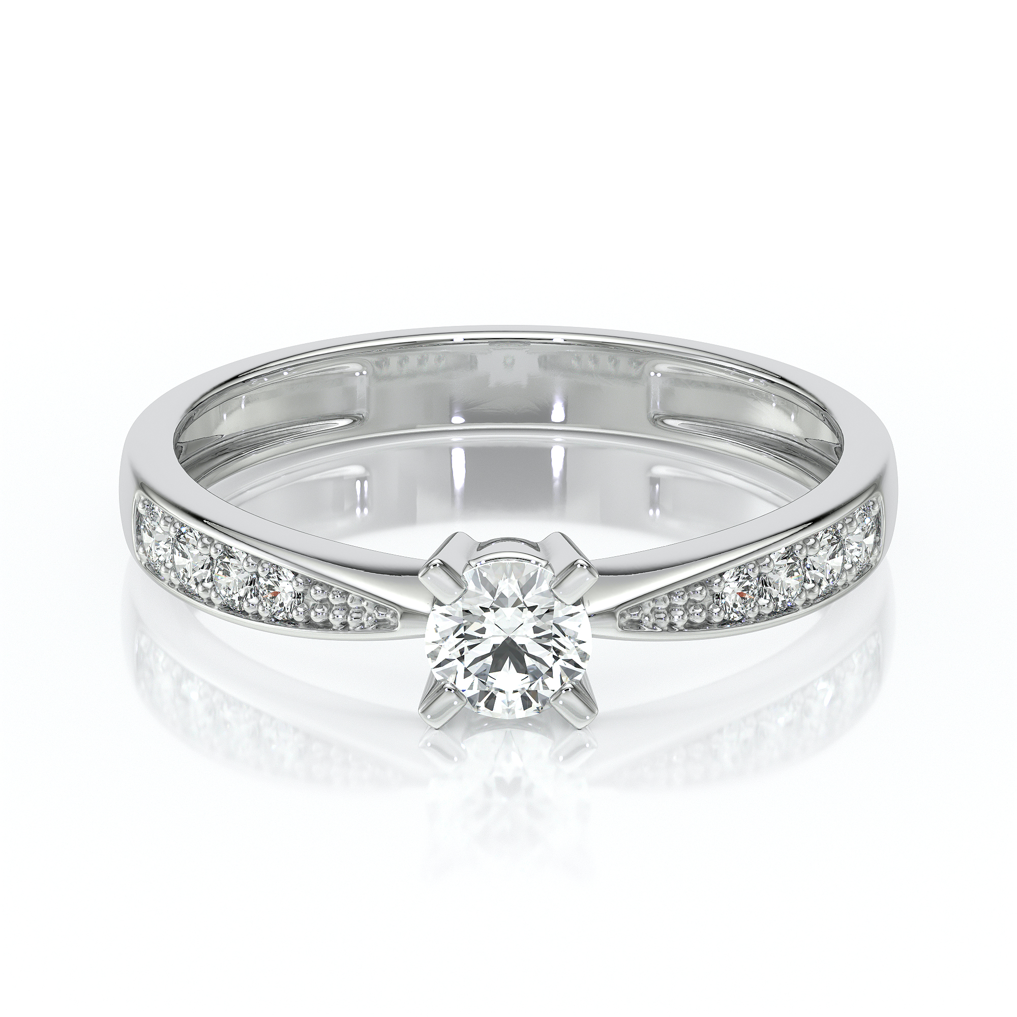 Bague de fiançailles élégante en or blanc avec un diamant central rond brillant entouré de petits diamants sur les côtés, mise en valeur par un design raffiné et moderne, parfaite pour une proposition romantique.