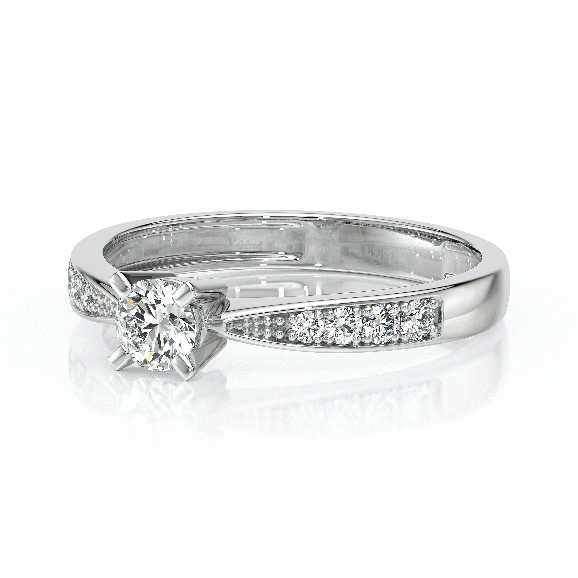 Bague en or blanc avec un diamant central brillant et des diamants latéraux, modèle élégant et moderne, parfaite pour une demande en mariage ou un bijou intemporel. Diamant serti avec soin sur un anneau délicat, reflétant le luxe et la sophistication.