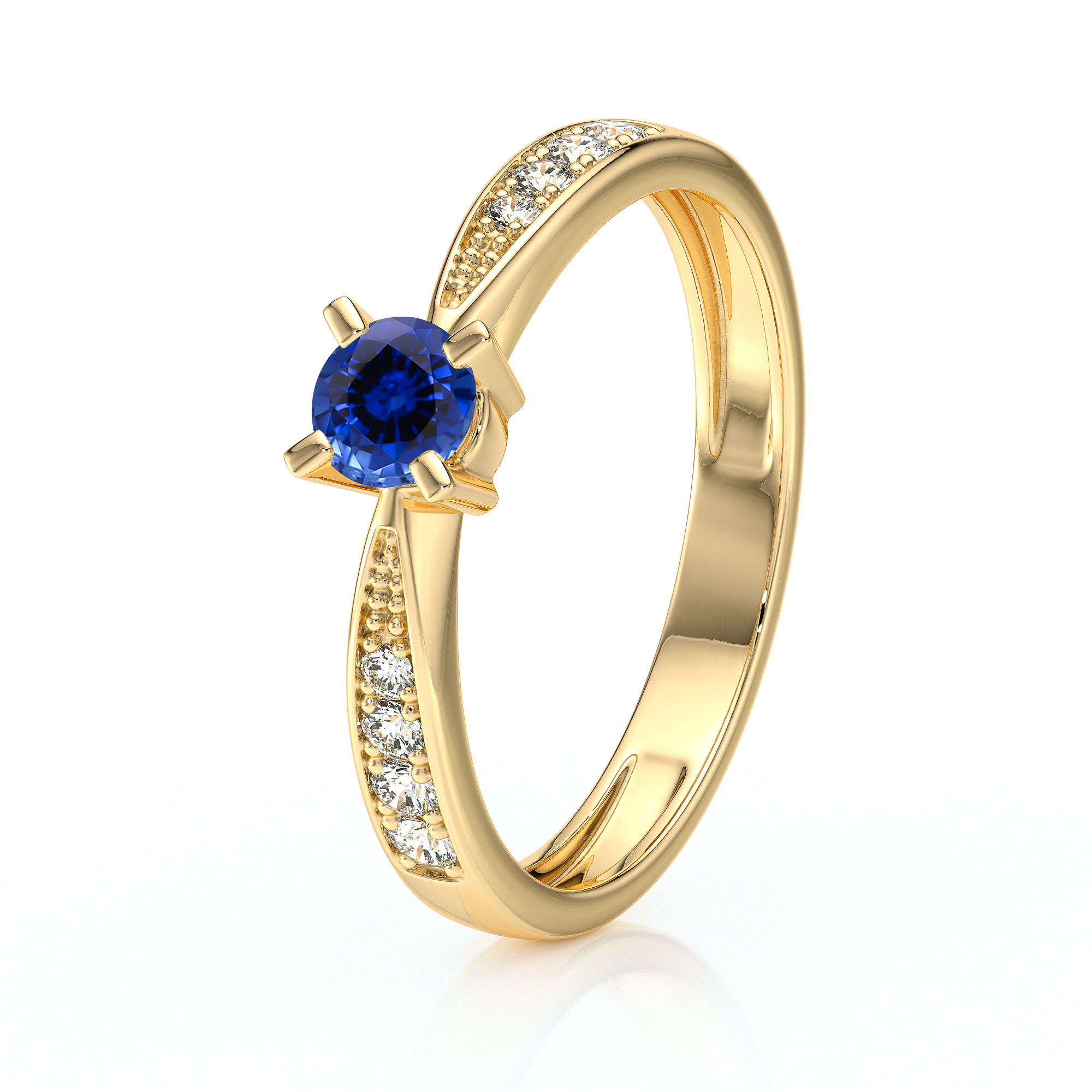 Bague en or jaune ornée d'une pierre précieuse en saphir bleu, avec des zirconiums délicatement disposés sur les côtés, créant une combinaison élégante pour les occasions spéciales. Idéale pour les fiançailles ou les anniversaires, cette bague met en valeur un design raffiné et moderne.