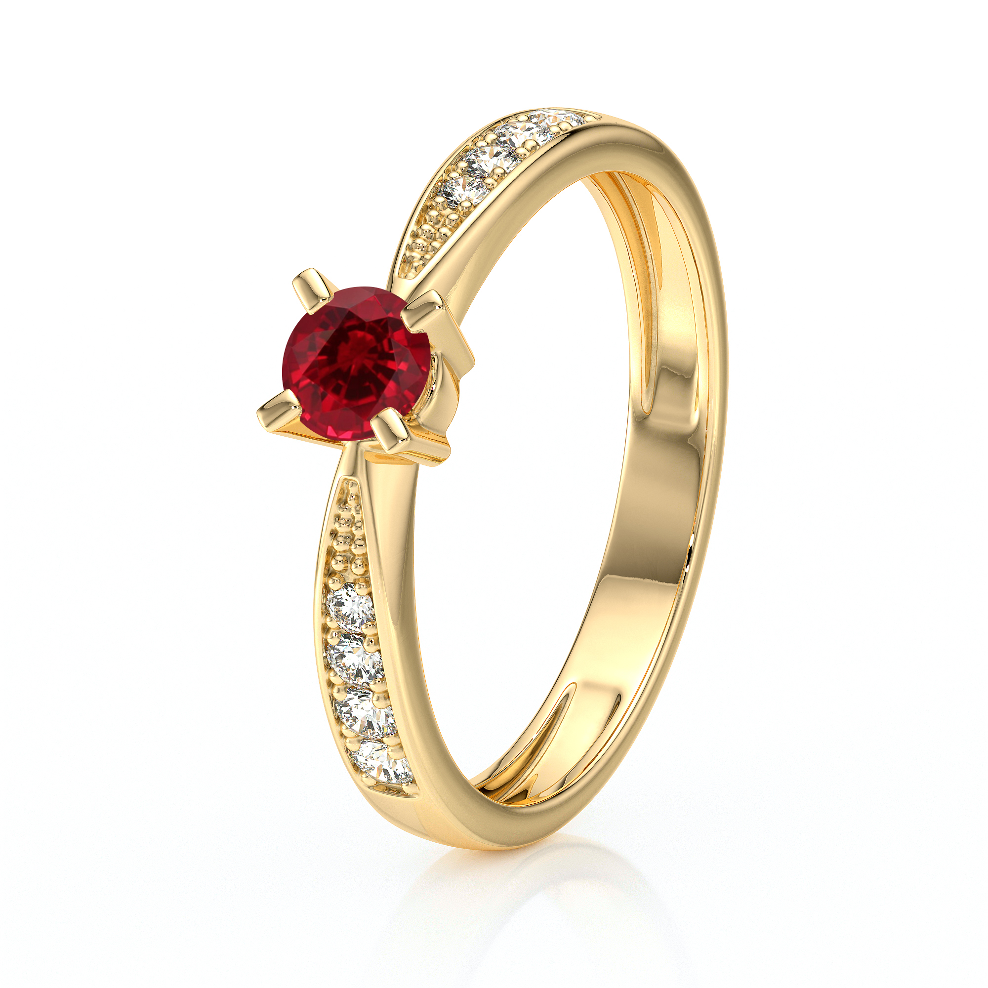 Bague en or avec un magnifique rubis rouge central, entouré de cristaux scintillants, représentant une pièce élégante et raffinée, idéale pour une proposition de mariage ou comme bijou de luxe pour les occasions spéciales. Modèle sophistiqué + diamant.