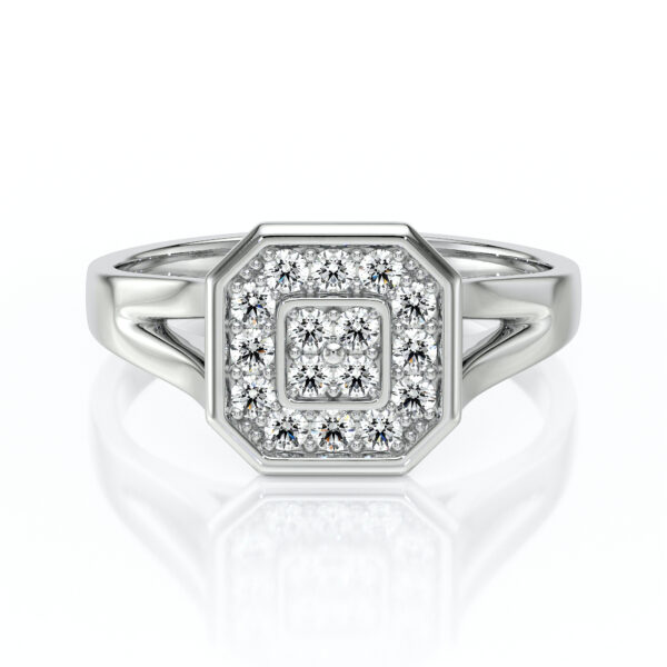 Bague en or blanc octogonale ornée de diamants brillants, avec une monture délicate et des pierres précieuses disposées en un motif élégant. Cette bague sophistiquée est idéale pour une proposition de mariage ou un cadeau spécial, ajoutant une touche de luxe et de raffinement à chaque occasion. Modèle unique + diamant.