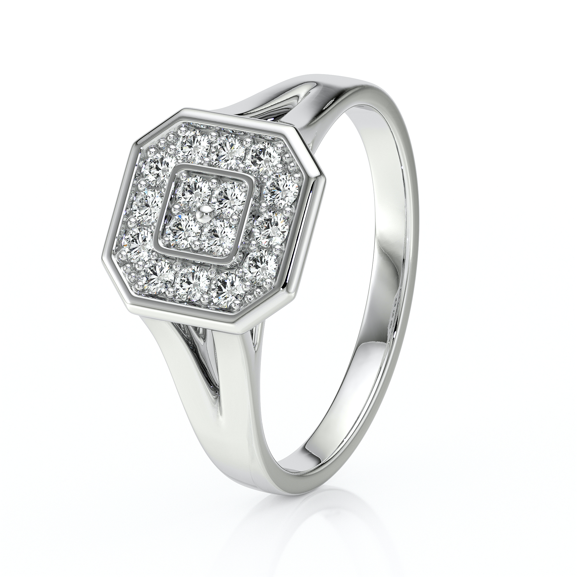 Bague en argent avec un design octogonal élégant, ornée de diamants scintillants. Cette bague raffinée est parfaite pour des occasions spéciales et apporte une touche de luxe. Idéale comme bague de fiançailles ou pour un cadeau mémorable, elle allie sophistication et modernité.