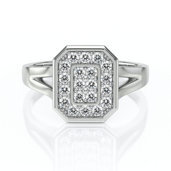 Bague en or blanc avec un design octogonal, ornée de diamants étincelants, parfaite pour une occasion spéciale. Idéale comme bague de fiançailles ou comme bijou élégant pour ajouter une touche de luxe à toute tenue. Modèle unique et intemporel avec des détails raffinés, mettant en valeur des pierres précieuses de haute qualité.