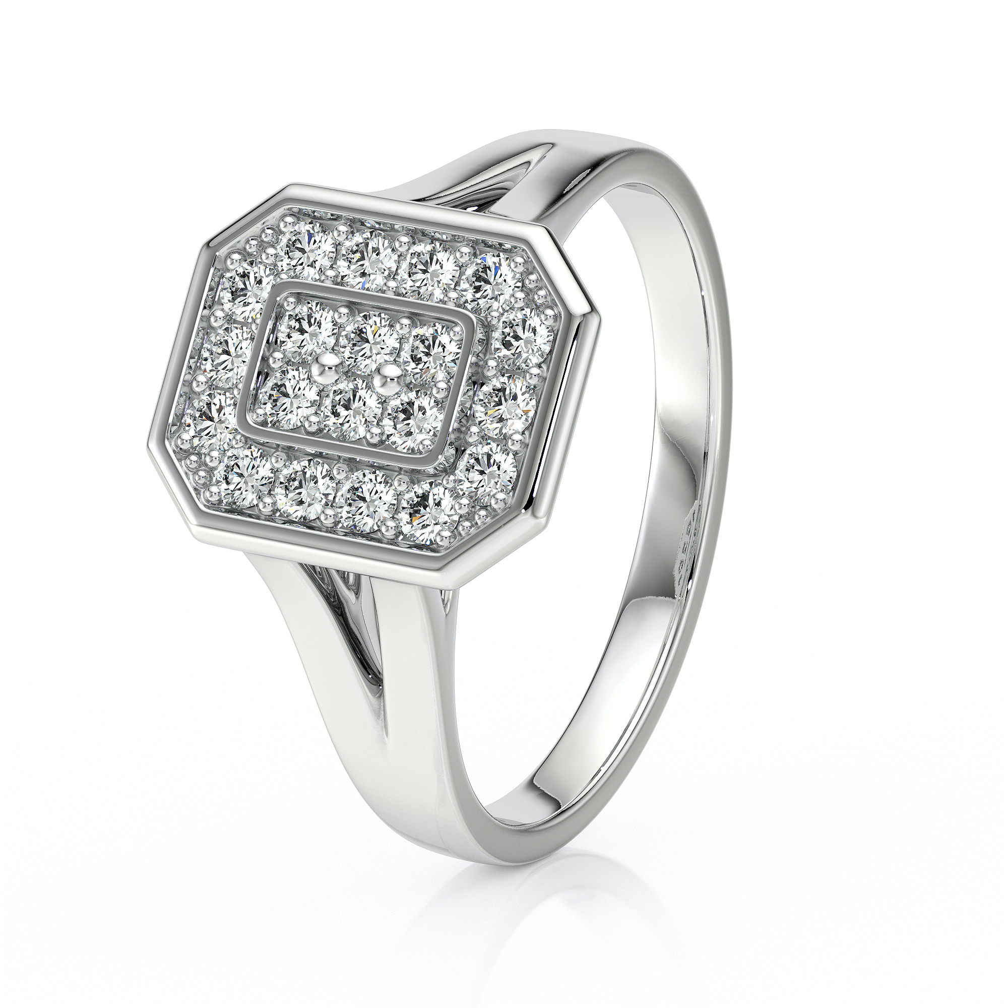 Bague en argent massif ornée de diamants, avec une forme octogonale centralisée, mettant en valeur un pavé de pierres précieuses scintillantes. Parfaite pour des occasions spéciales ou comme bijou de luxe, cette bague combine élégance et sophistication dans un design contemporain.