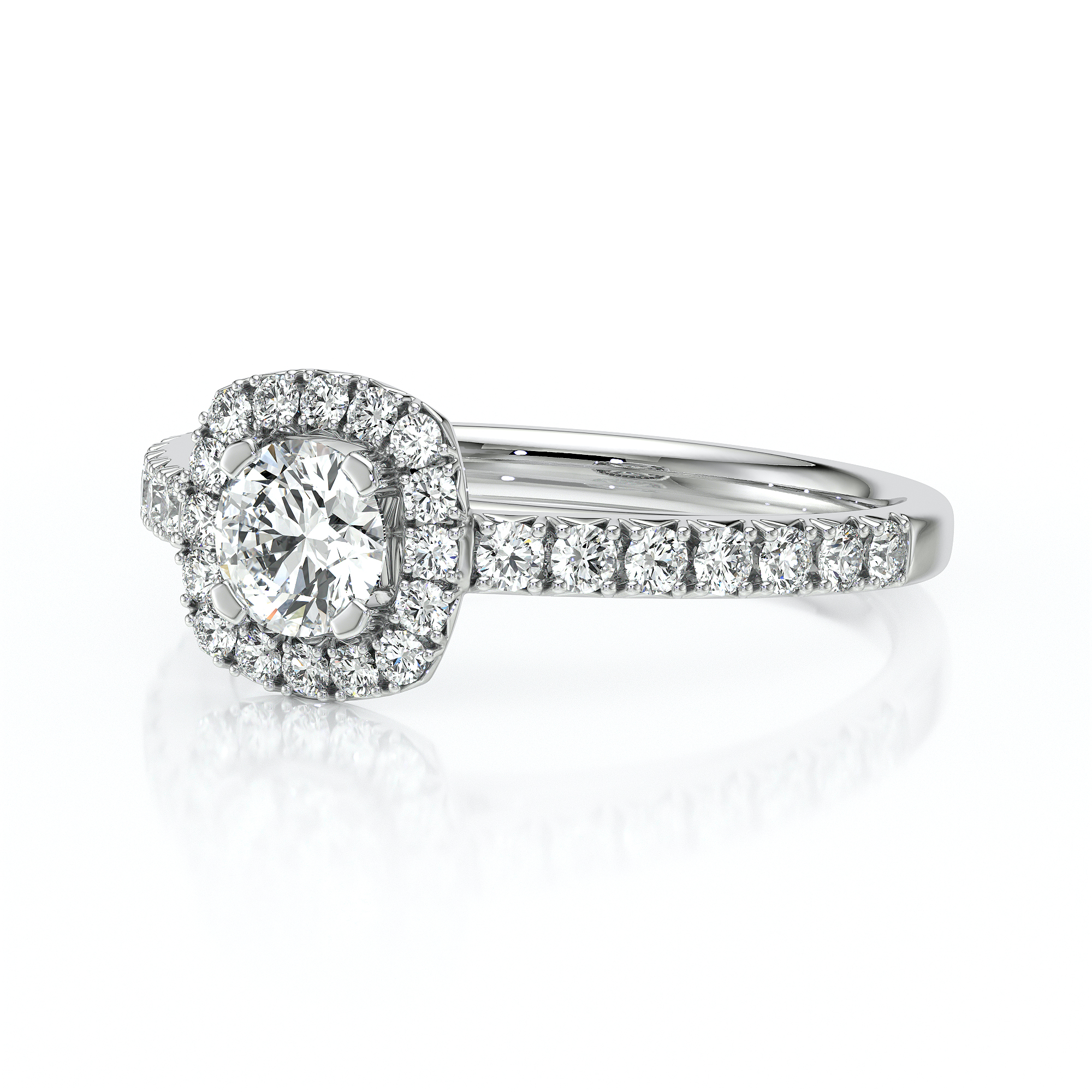 Bague en diamant en or blanc avec un serti en halo magnifique, mettant en valeur un diamant central rond entouré de petits diamants scintillants le long de l'anneau, parfaite pour une demande en mariage ou une occasion spéciale, modèle élégant et intemporel