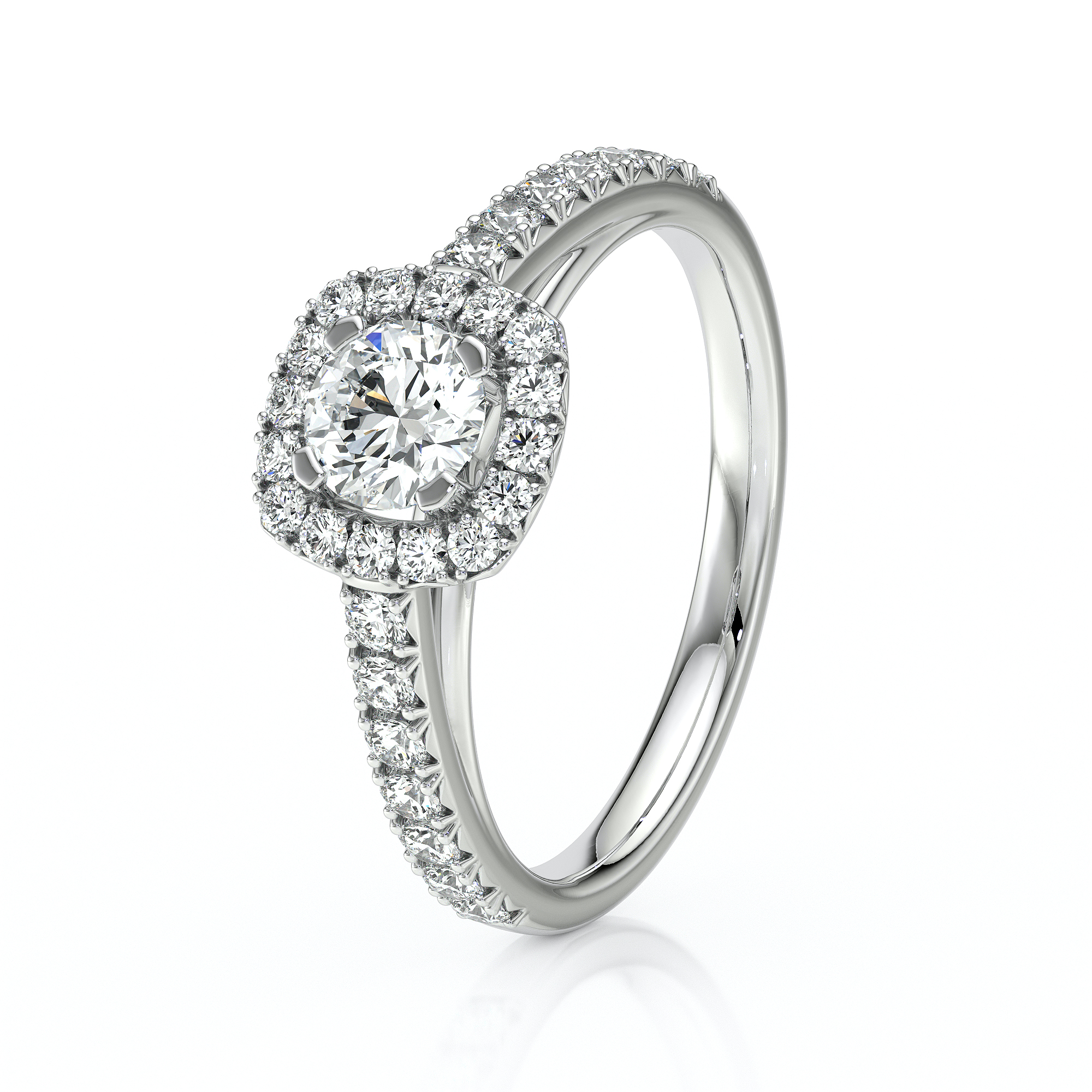 Bague en or blanc ornée d'un diamant central brillant, entouré de petits diamants en halo, avec une bande délicate en pierres précieuses. Modèle élégant et raffiné, parfait pour une demande en mariage ou une occasion spéciale.