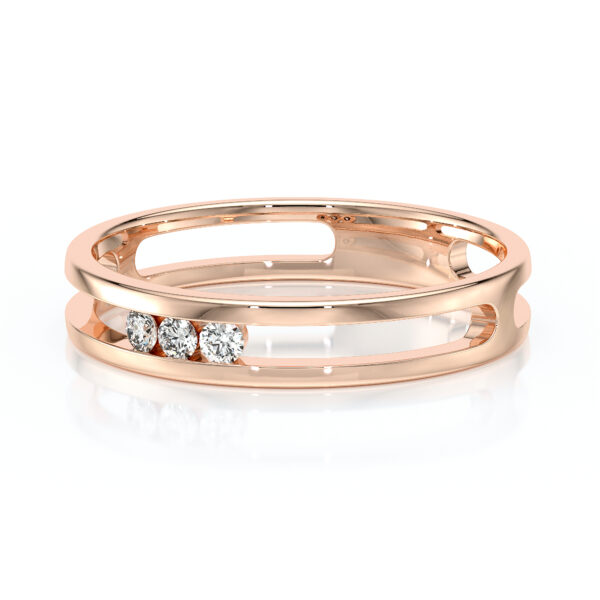 Bague en or rose moderne avec trois diamants brillants, design élégant et contemporain, idéale pour un engagement ou une occasion spéciale, élégance intemporelle, modèle de bijoux raffinés.