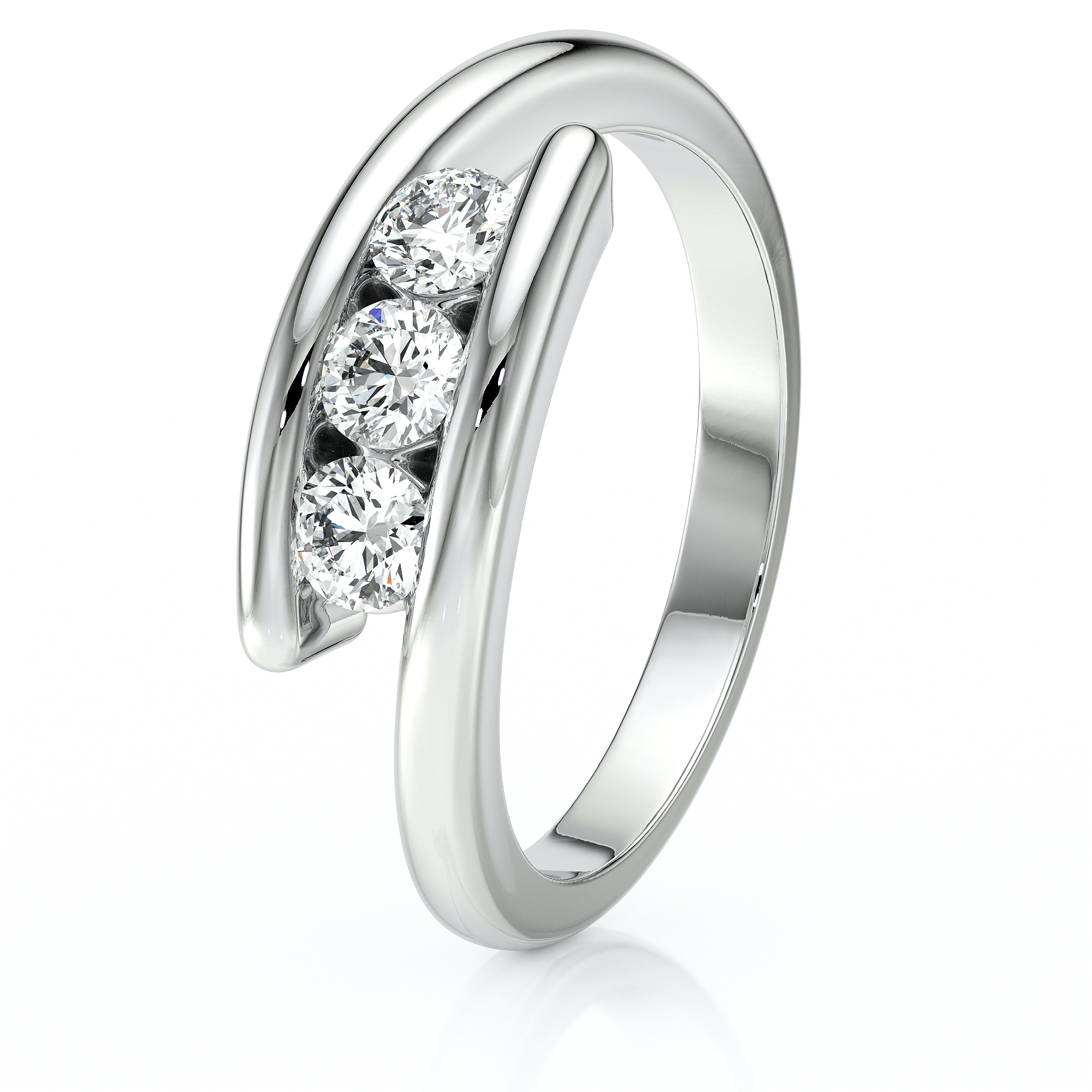 Bague en or 18 carats blanc avec trois diamants ronds sertis en demi clos sur un corps de bague ajouré