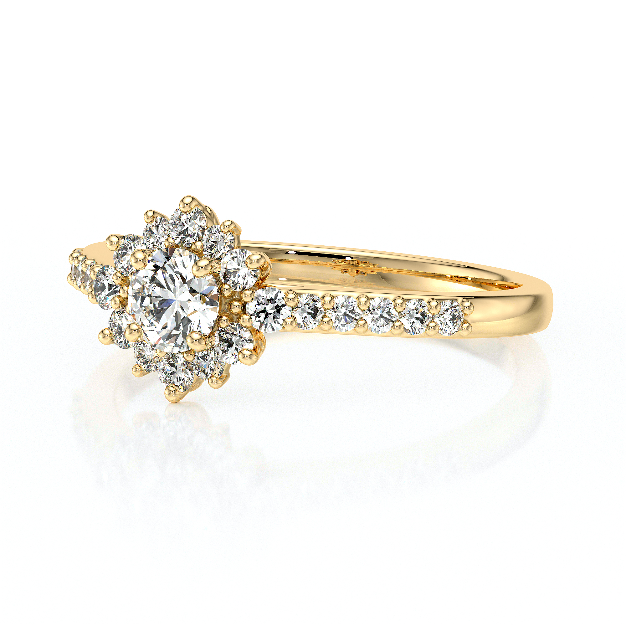 Bague en forme de soleil en or jaune 18 carats avec des diamants sertis à la main