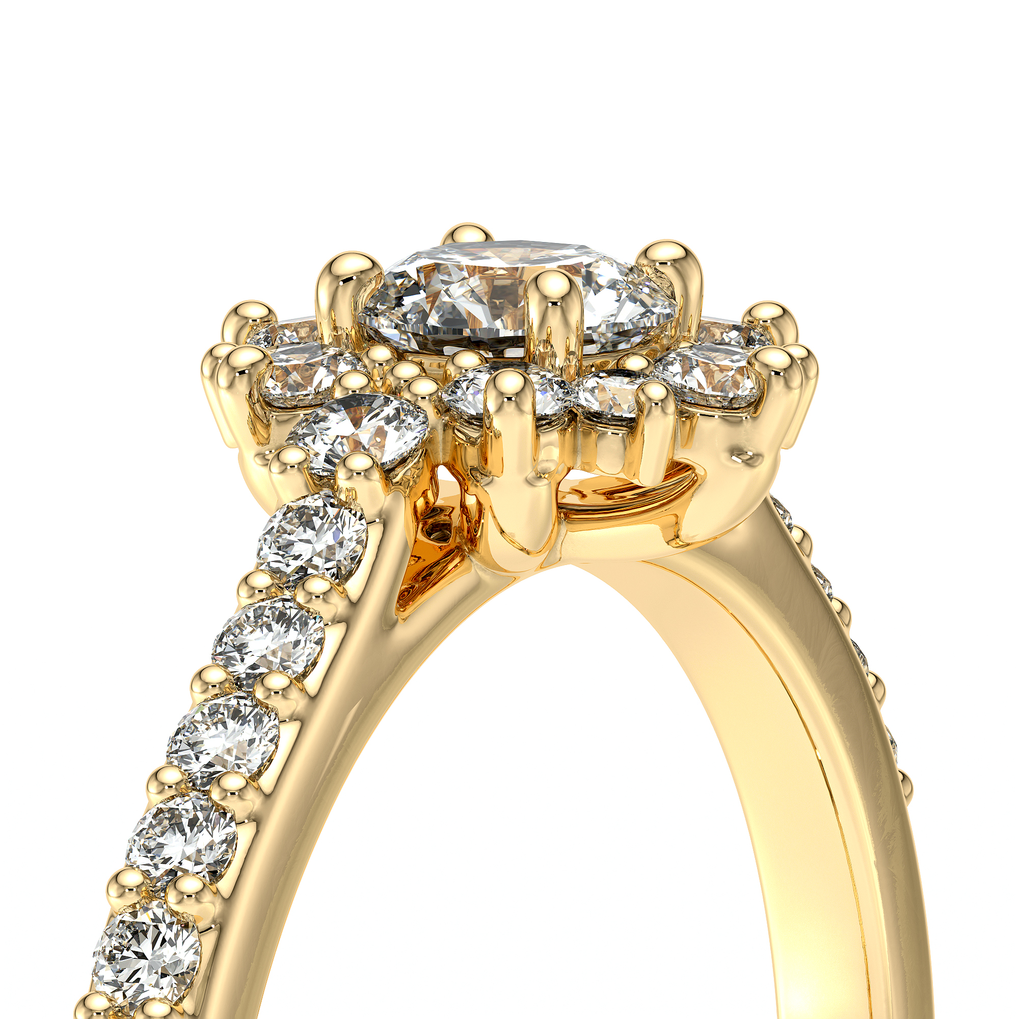 Bague en forme de soleil en or jaune 18 carats avec des diamants sertis à la main