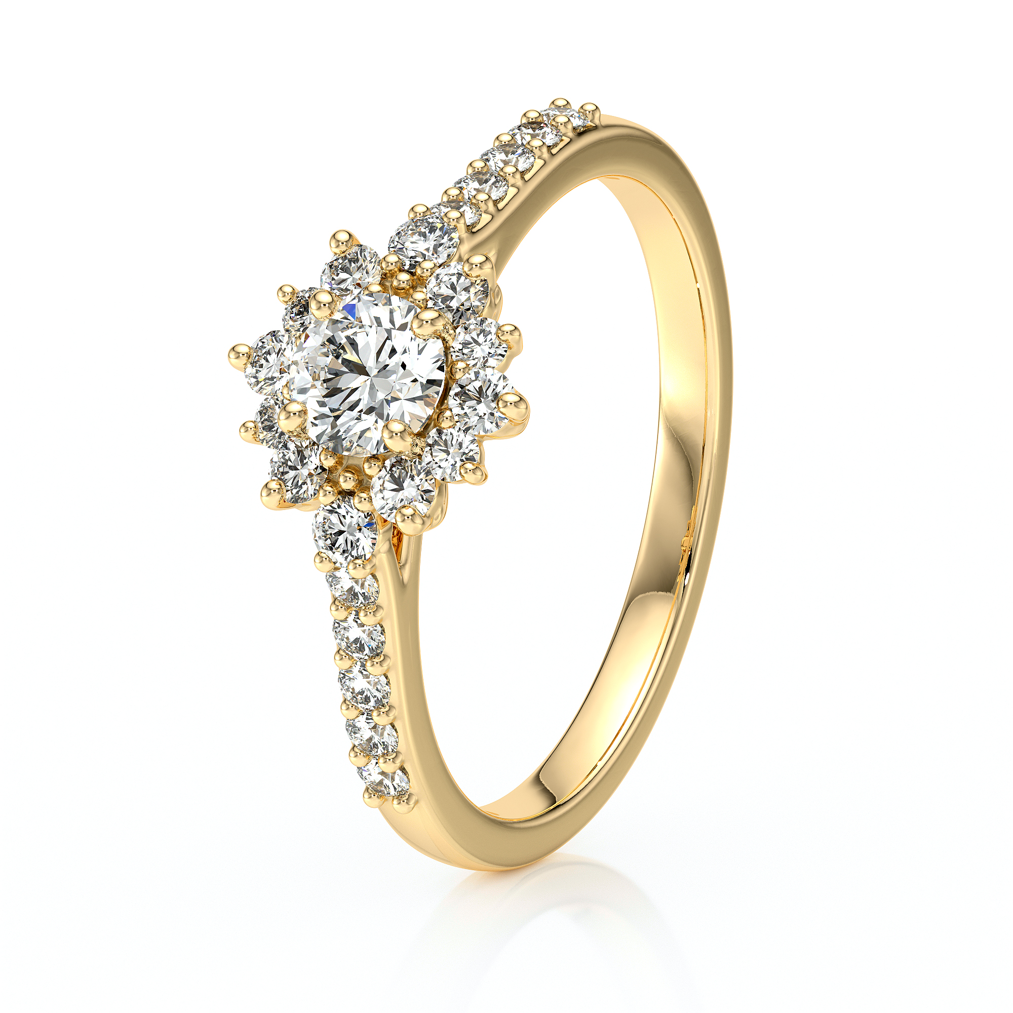 Bague en forme de soleil en or jaune 18 carats avec des diamants sertis à la main
