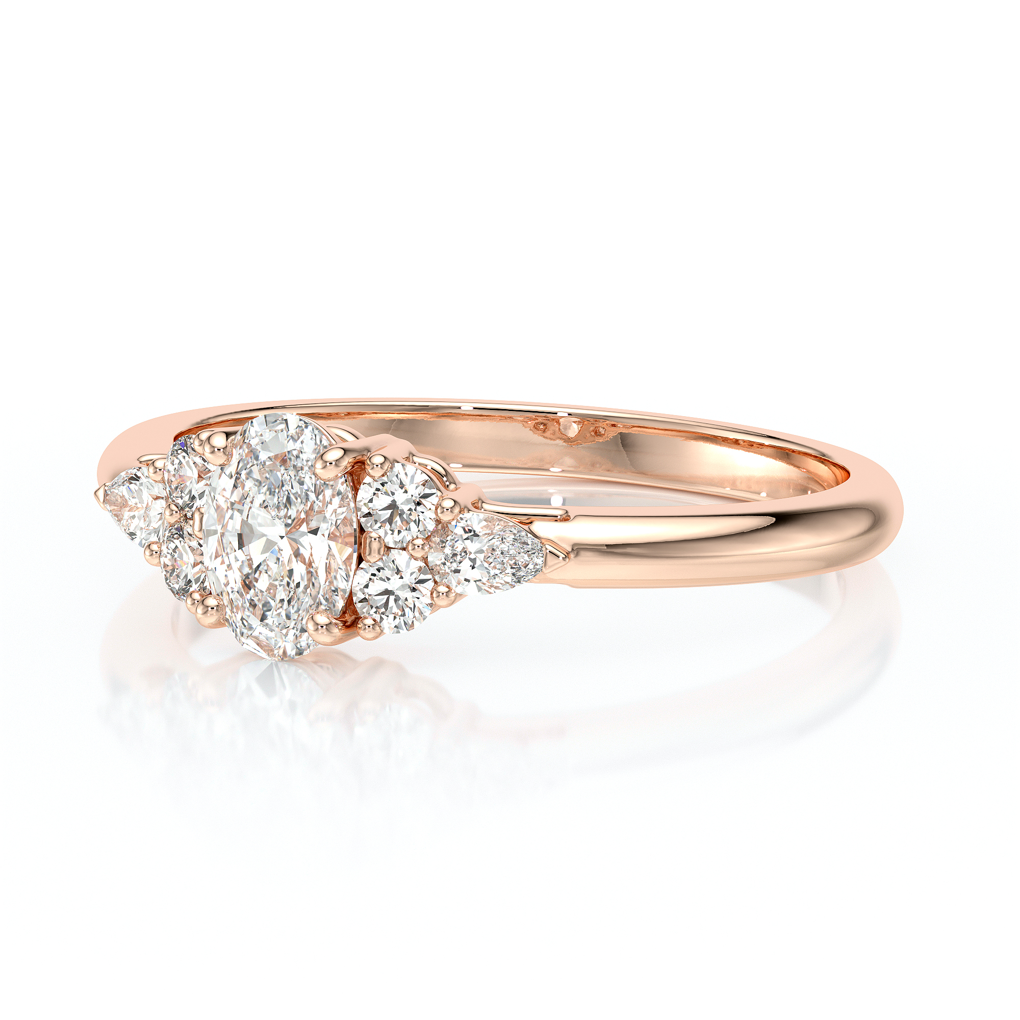 Solitaire épaulé bague diamant ovale, diamant poire et diamant rond or rose 18 carats