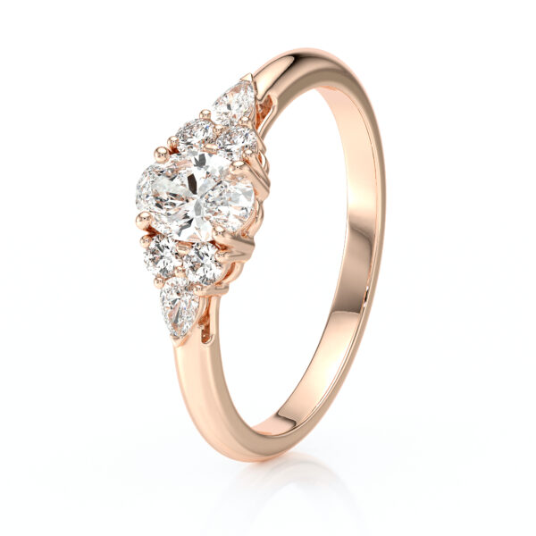 Solitaire épaulé bague diamant ovale, diamant poire et diamant rond or rose 18 carats