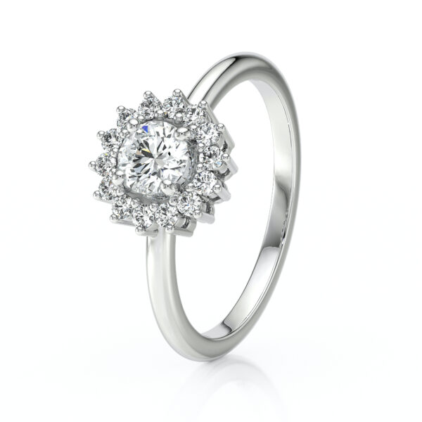 Bague de fiançailles en or blanc 18 carats forme ovale avec un diamant rond entouré de diamants ronds en forme de soleil