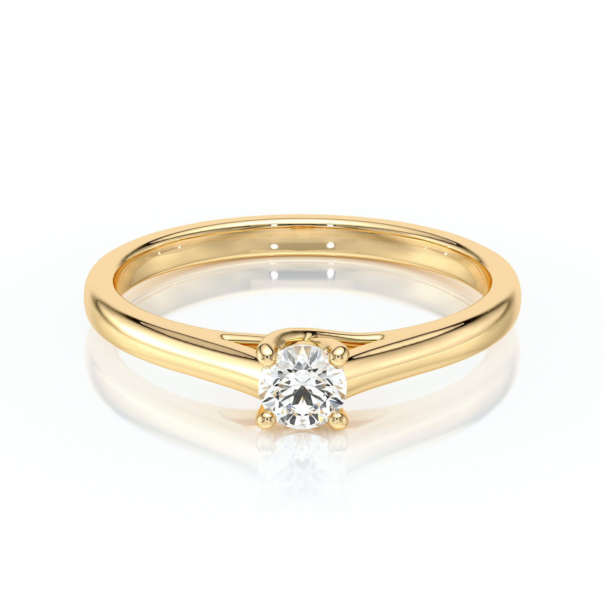 Solitaire diamant pour fiançailles avec un diamant rond serti de 4 griffes et un croisé sous le diamant, monté sur or 18 carats