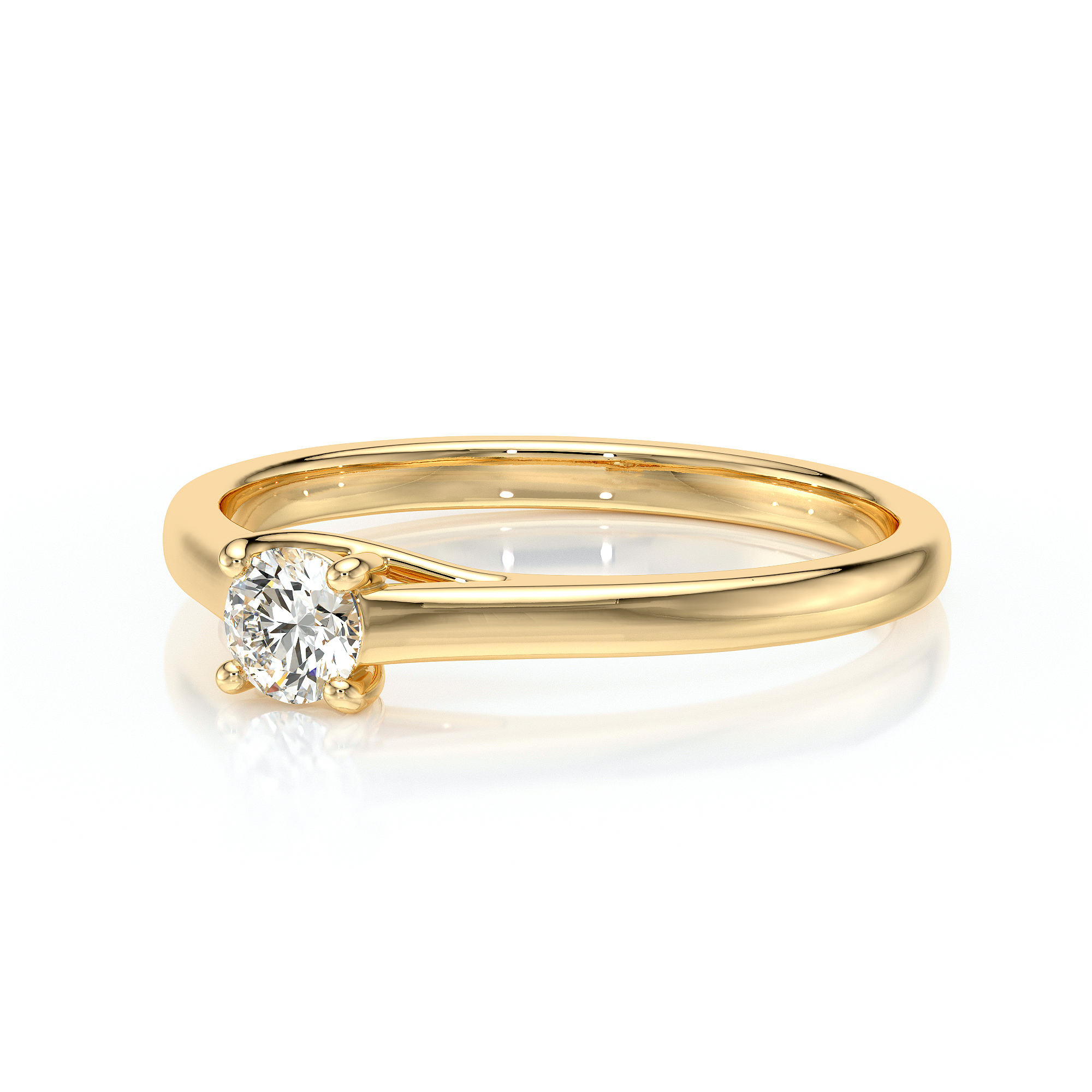 Solitaire diamant pour fiançailles avec un diamant rond serti de 4 griffes et un croisé sous le diamant, monté sur or 18 carats