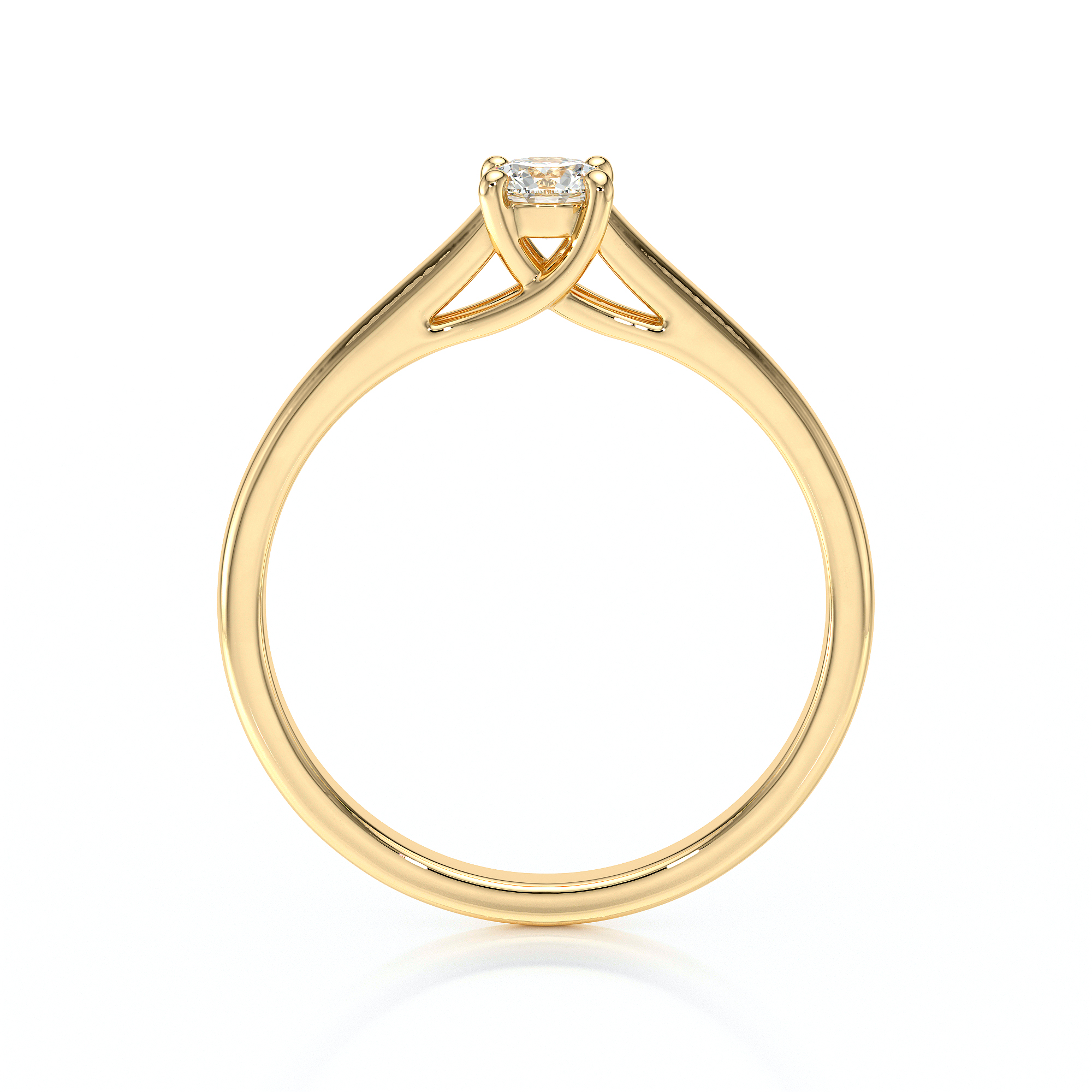 Solitaire diamant pour fiançailles avec un diamant rond serti de 4 griffes et un croisé sous le diamant, monté sur or 18 carats