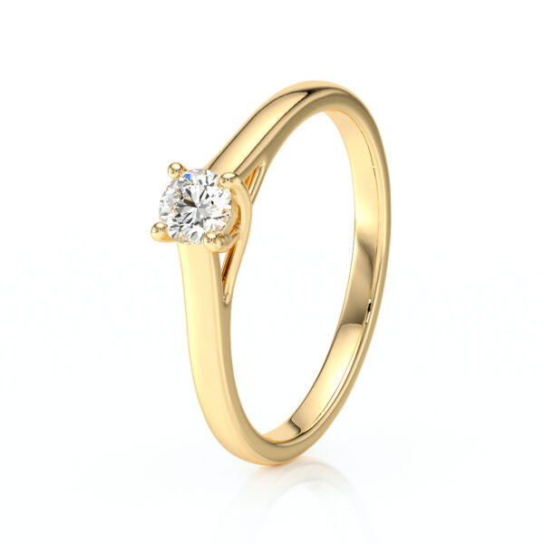 Solitaire diamant pour fiançailles avec un diamant rond serti de 4 griffes et un croisé sous le diamant, monté sur or 18 carats