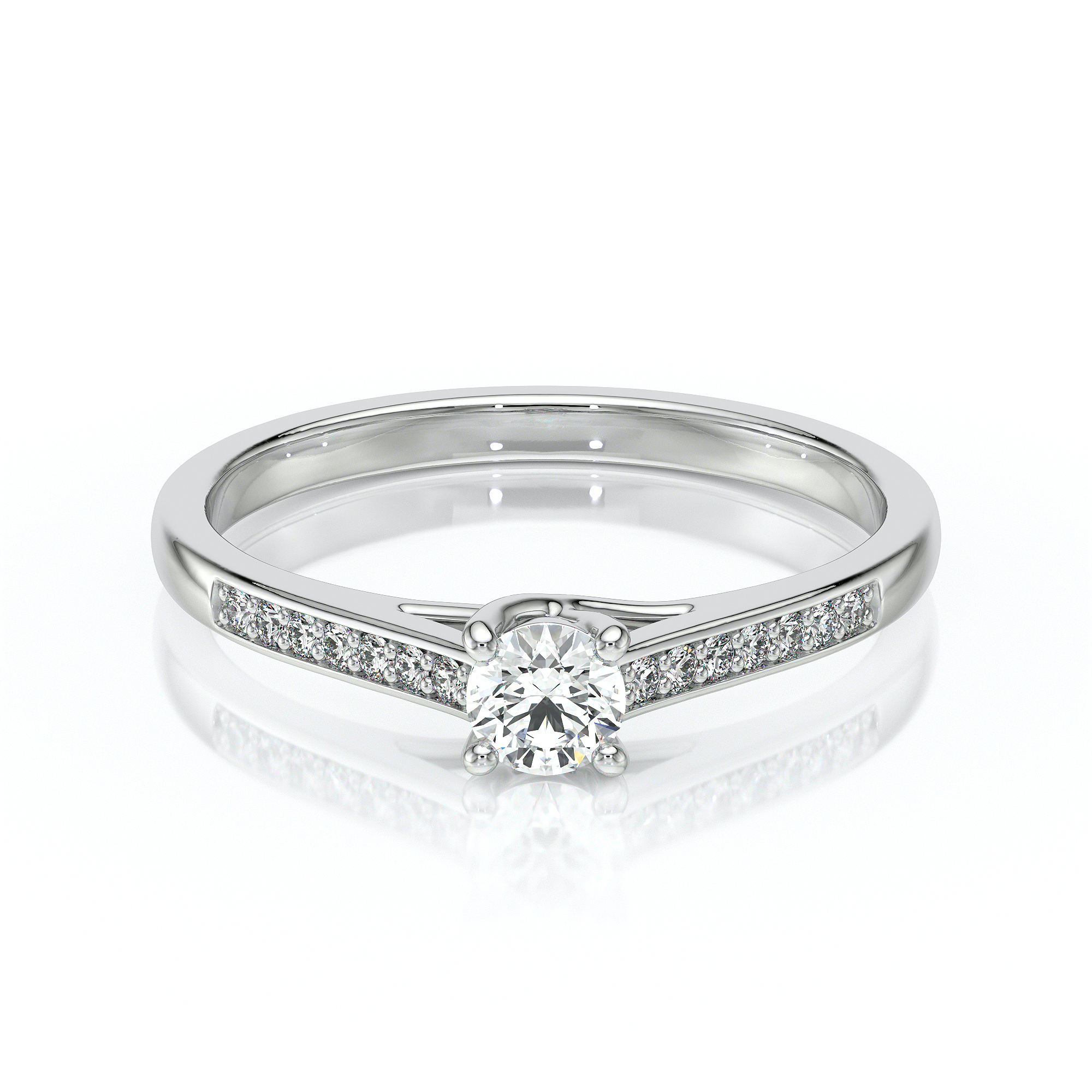 Bague de fiançailles en or blanc avec un diamant central brillant entouré de petits diamants sur les côtés, design élégant et moderne, symbole d'amour éternel, parfaite pour un engagement ou une occasion spéciale.