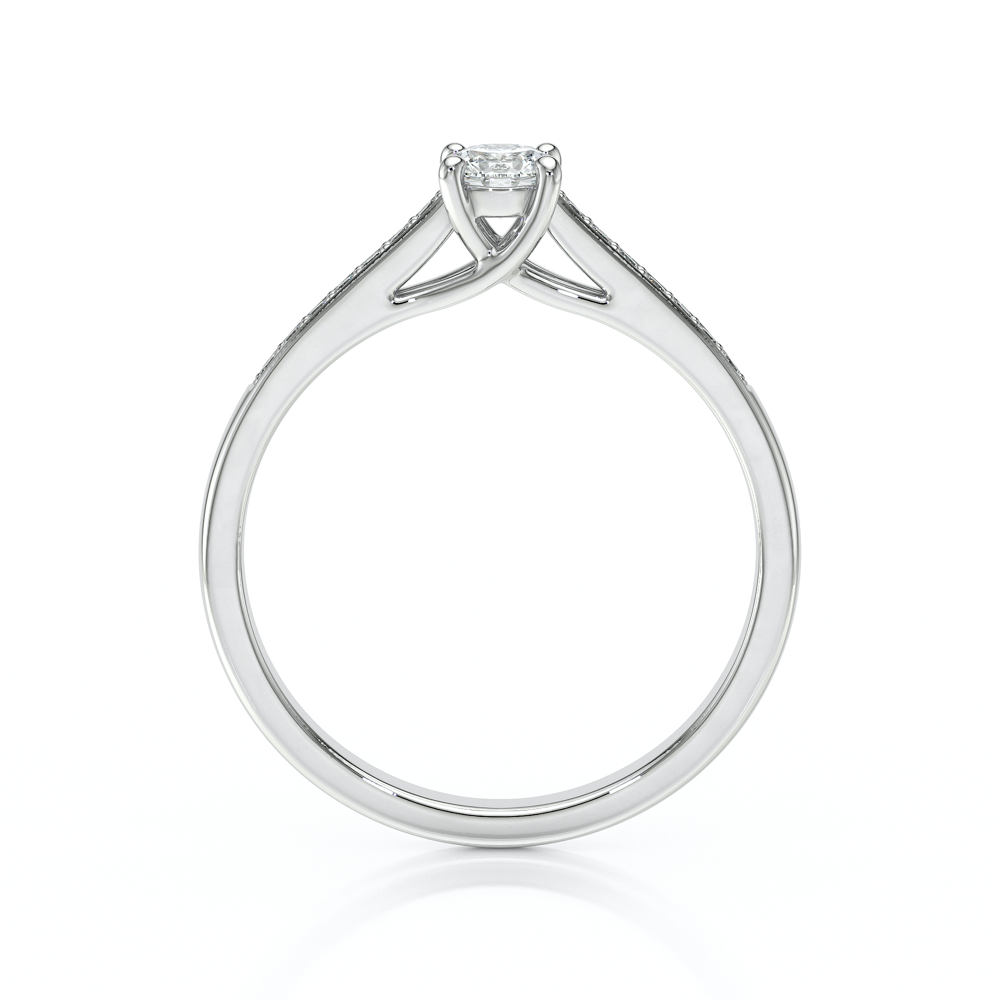 Bague de fiançailles en or blanc avec un diamant central brillant entouré de petits diamants sur les côtés, design élégant et moderne, symbole d'amour éternel, parfaite pour un engagement ou une occasion spéciale.