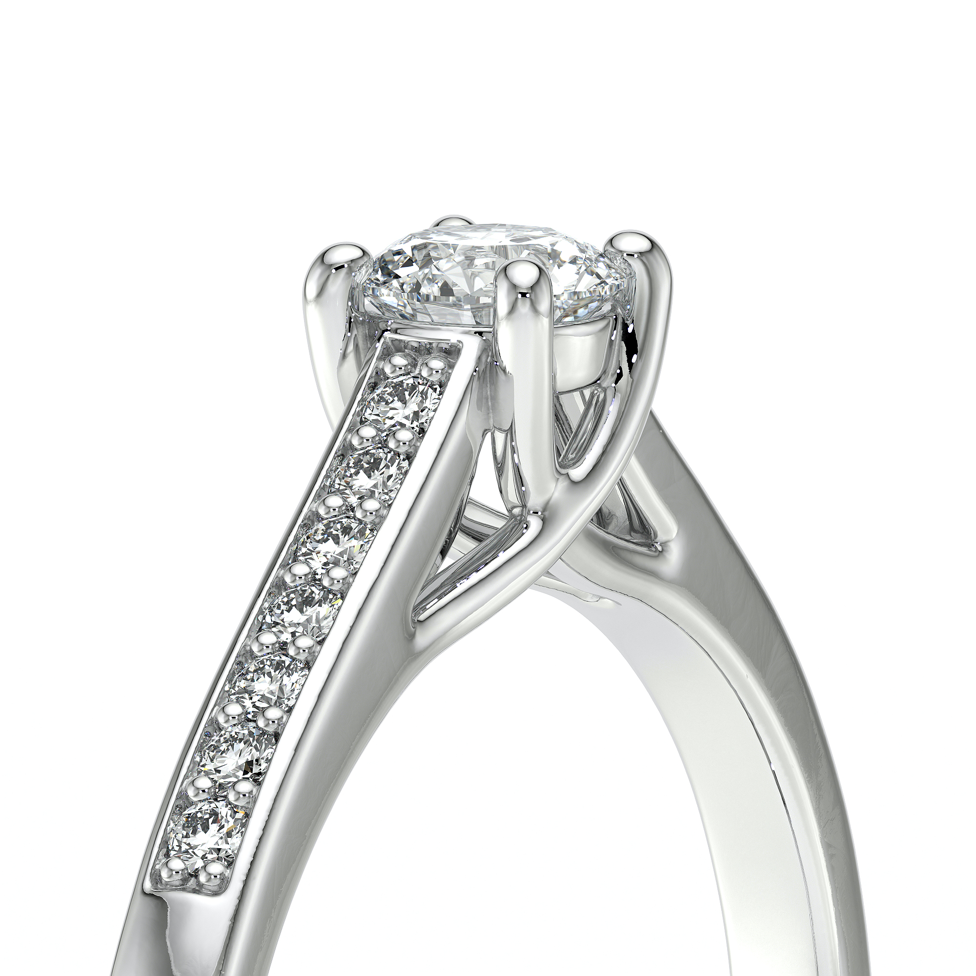 Bague de fiançailles en or blanc avec un diamant central brillant entouré de petits diamants sur les côtés, design élégant et moderne, symbole d'amour éternel, parfaite pour un engagement ou une occasion spéciale.