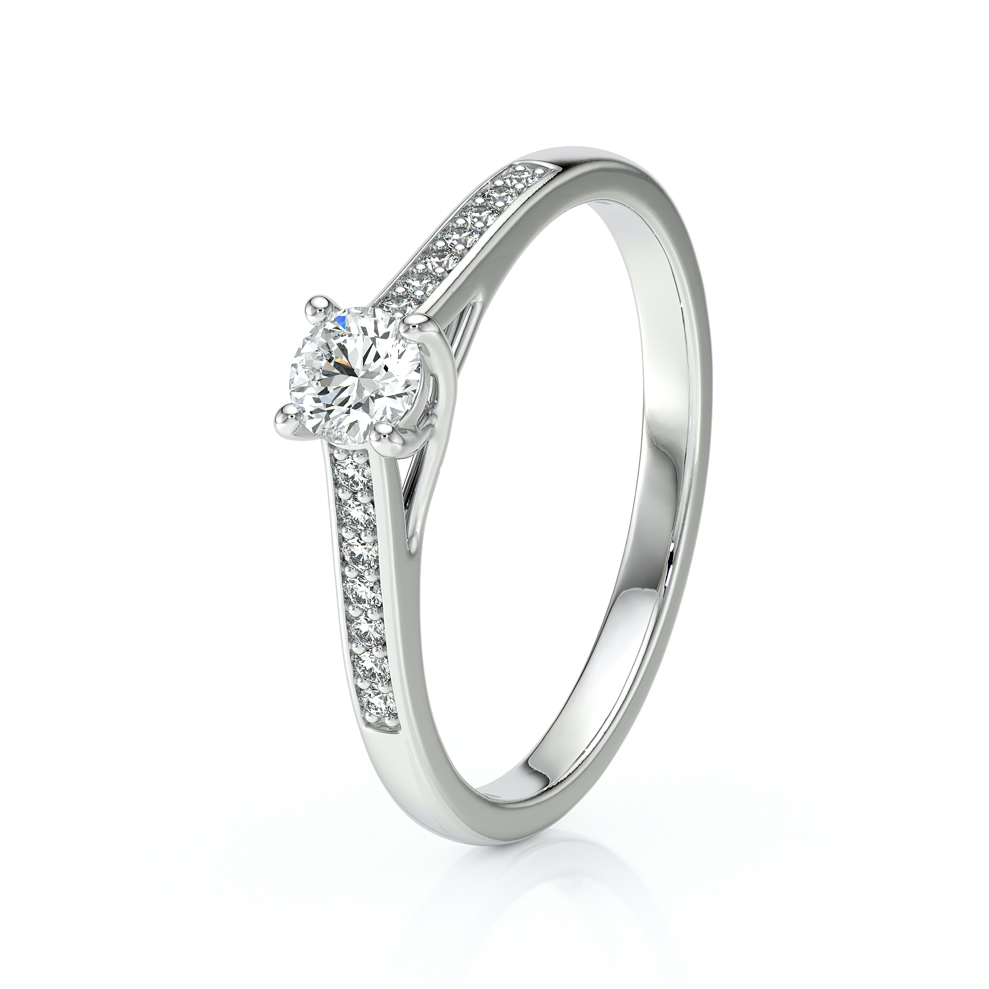 Bague de fiançailles en or blanc avec un diamant central brillant entouré de petits diamants sur les côtés, design élégant et moderne, symbole d'amour éternel, parfaite pour un engagement ou une occasion spéciale.