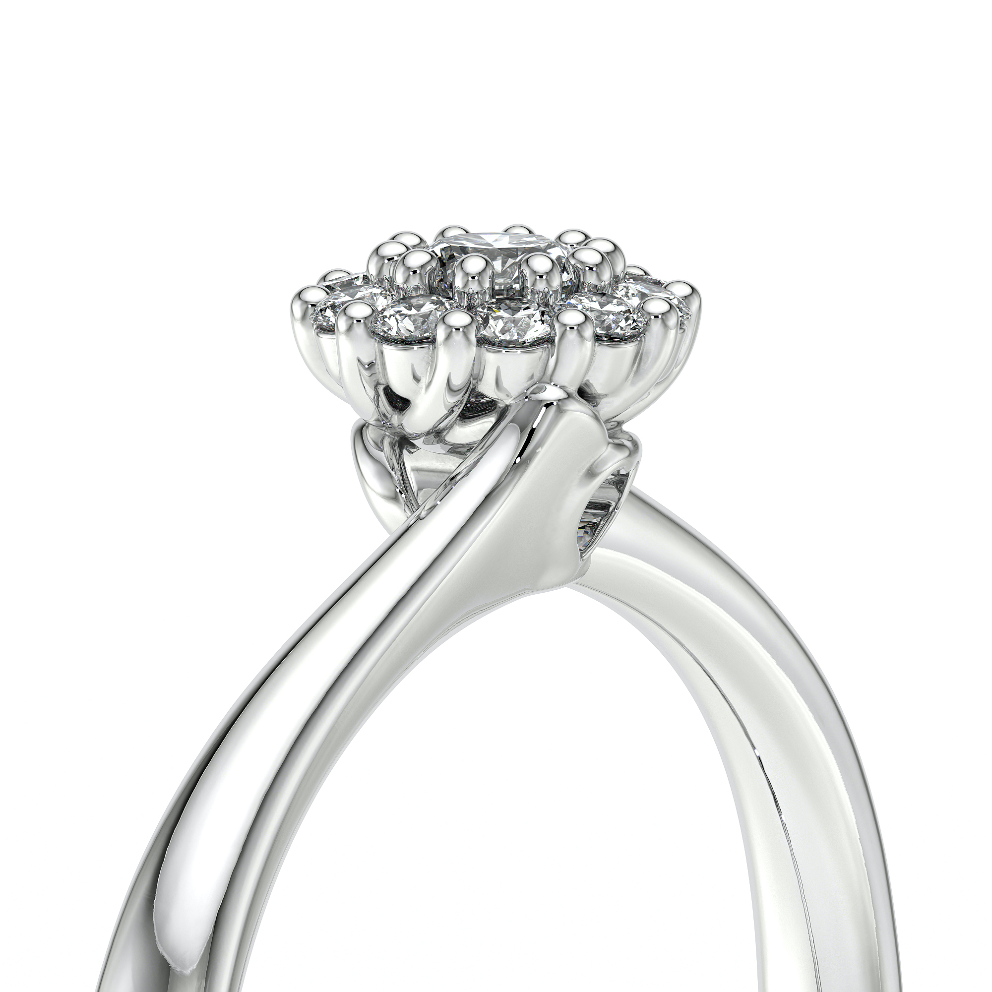 Bague de fiançailles en argent avec un diamant central entouré de plusieurs petites pierres précieuses, le design floral et élégant met en valeur la brillance des diamants. Idéal pour une demande en mariage romantique, ce modèle bijou avec diamant symbolise l'amour éternel.