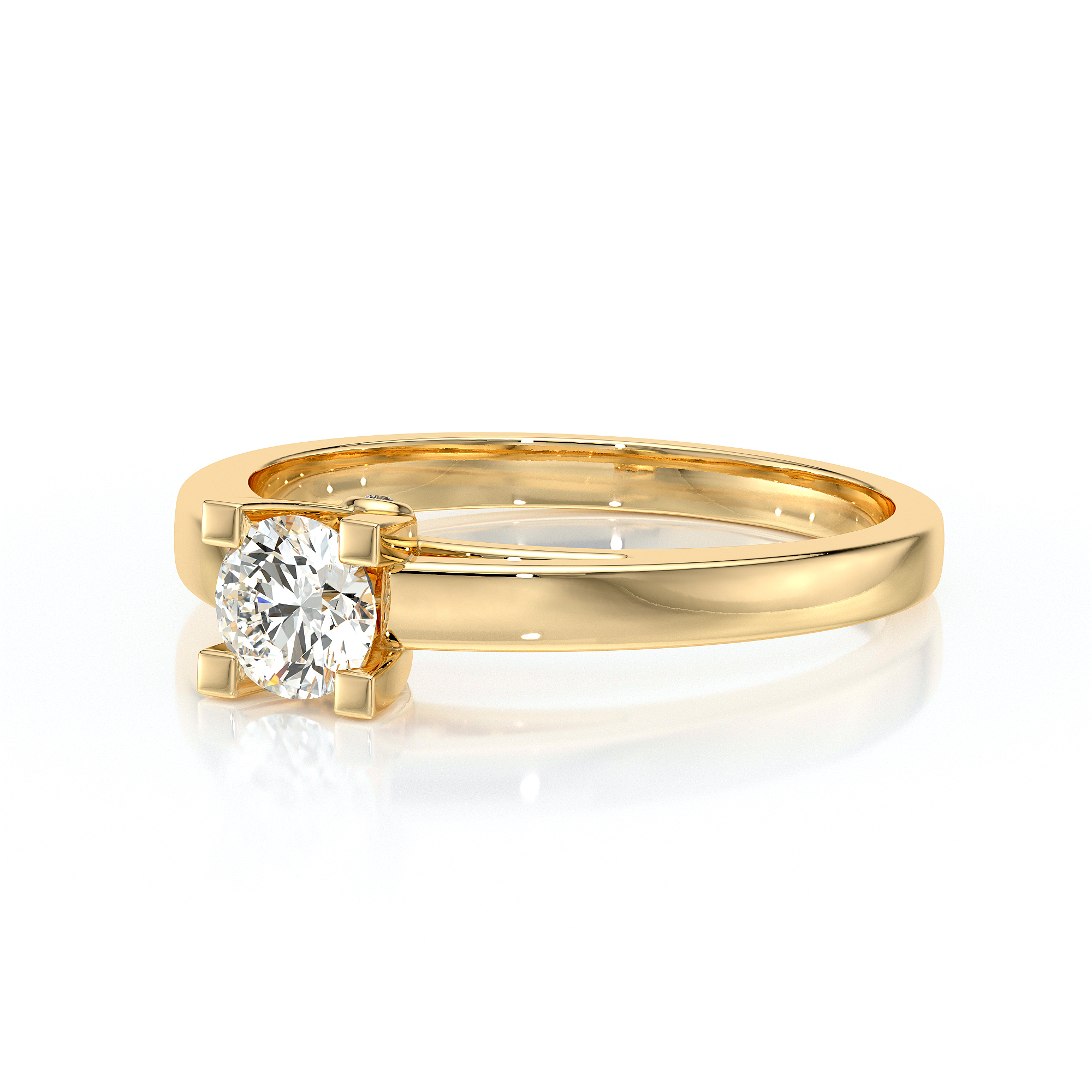 Bague en or jaune avec un diamant rond scintillant, parfaitement serti, idéale pour une proposition en mariage ou une occasion spéciale. Design élégant et moderne, avec un anneau lisse qui met en valeur la brillance du diamant.