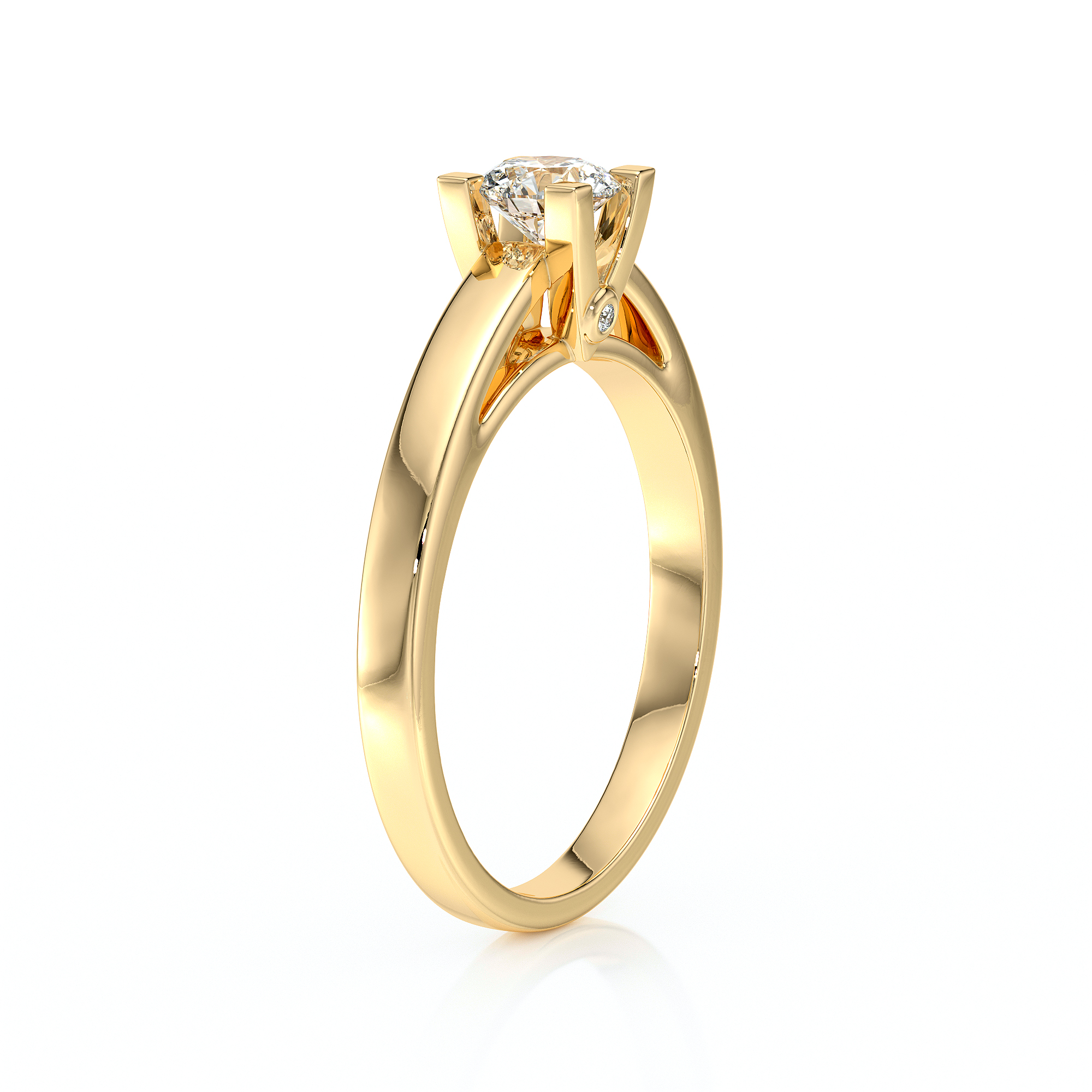 Bague en or jaune avec un diamant brillant en taille ronde, sertie sur un anneau délicat. Ce modèle élégant met en valeur le diamant central tout en ajoutant une touche de sophistication avec des détails raffinés et un design intemporel, idéal pour une demande en mariage ou une occasion spéciale. Bijoux de luxe, engagement, or jaune.