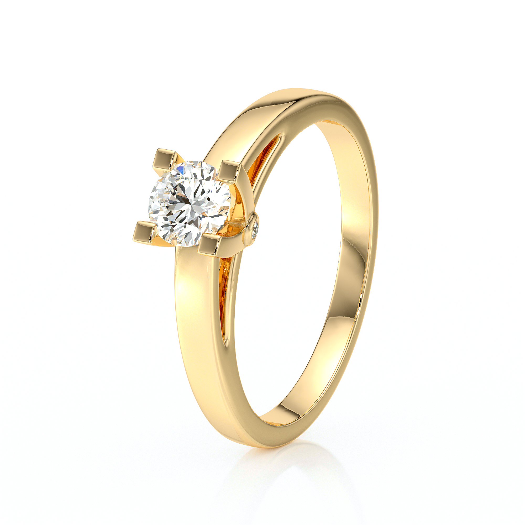 Bague en or jaune avec un diamant solitaire brillant au centre, design moderne et élégant, parfaite pour des fiançailles ou un cadeau spécial, modèle classique mettant en valeur l'éclat du diamant.