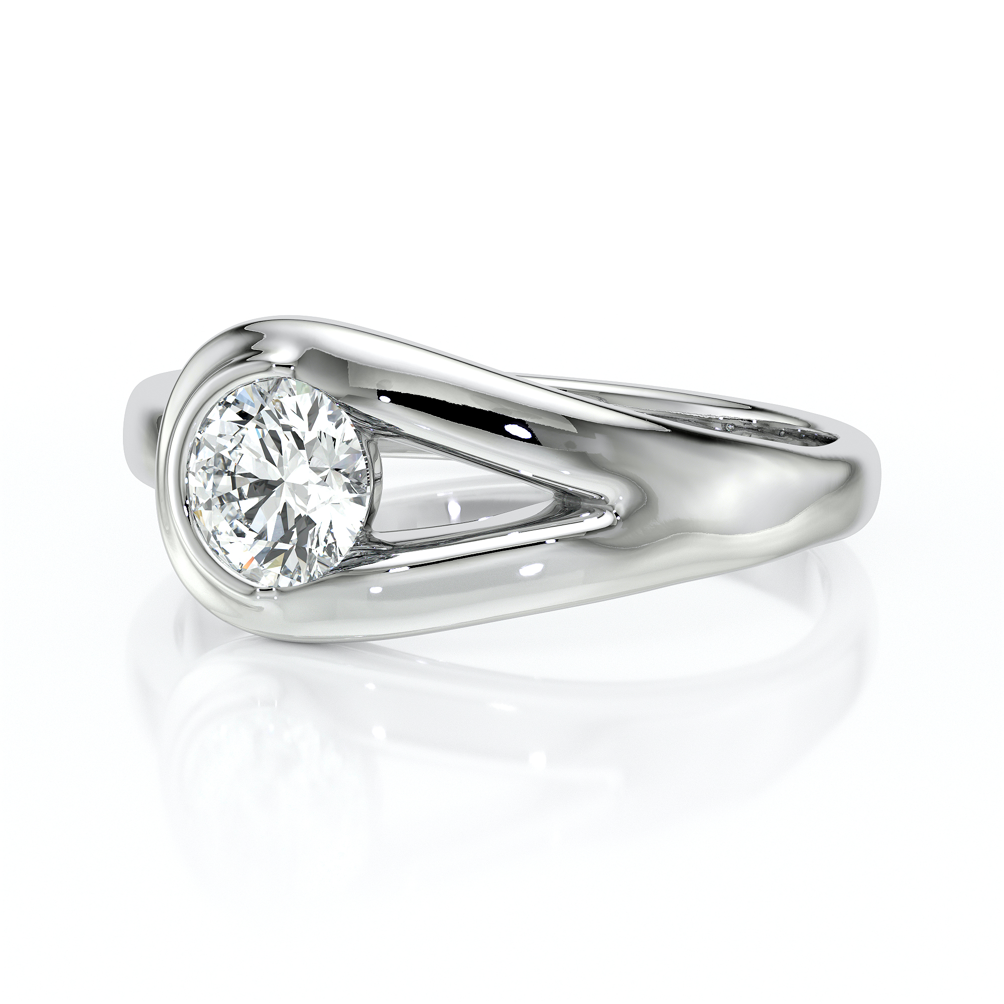 Bague en argent avec un diamant brillant, modèle élégant et moderne, idéale pour des fiançailles ou comme bijou de luxe, mettant en valeur le scintillement du diamant dans un design chic.